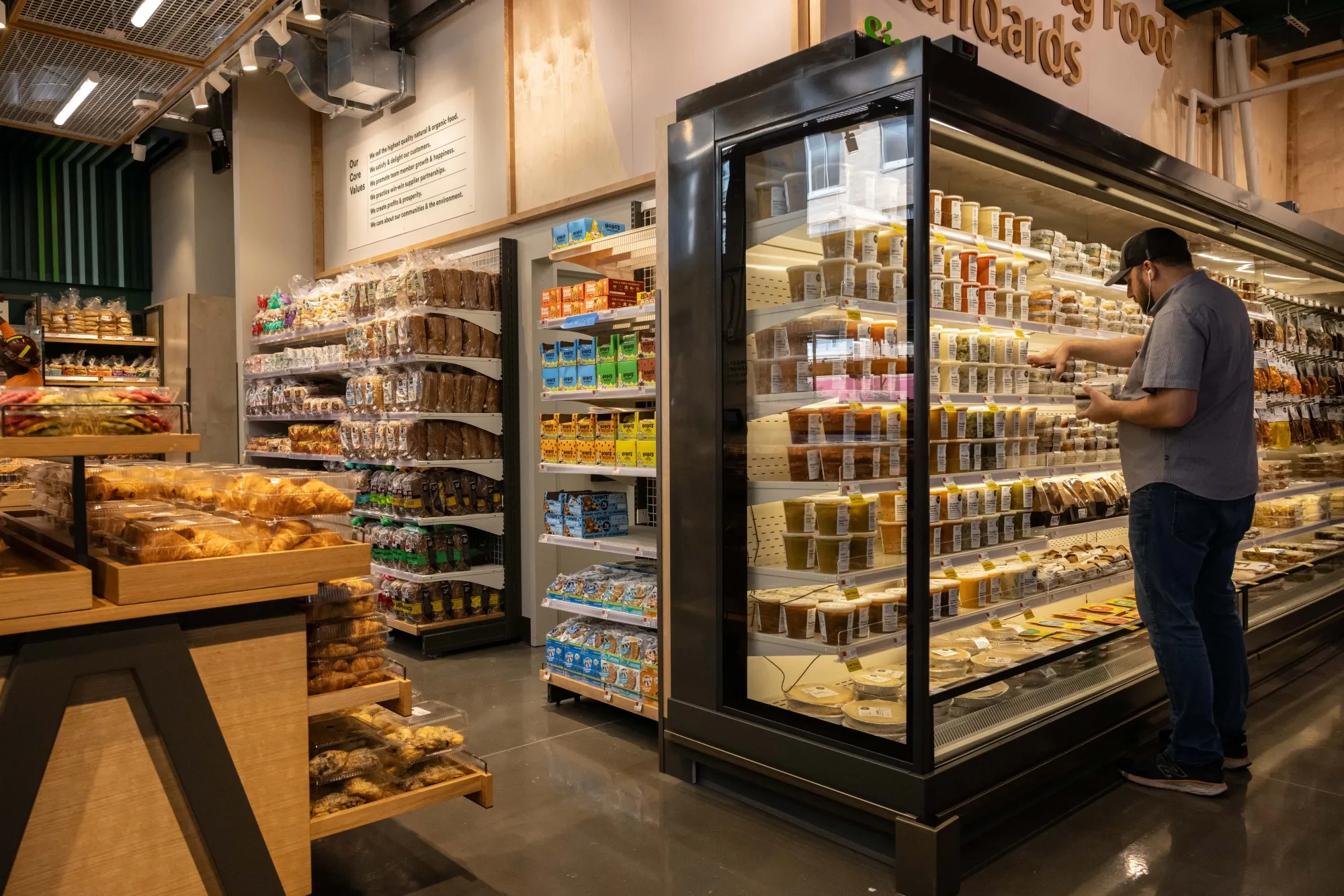 A worker prepares products at a Whole Foods store in&nbsp;New York.
