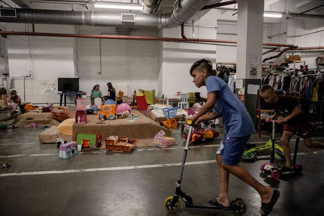 Shelter for internally displaced people in the basement of "Khortytsia" enterprise in Zaporizhzhya, Ukraine.
