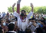 Felix Salgado Macedonio, accused of rape by several women, waves at supporters during the start of his campaign as candidate for governor of the state of Guerrero, in Acapulco, Mexico, on March 13, 2021.