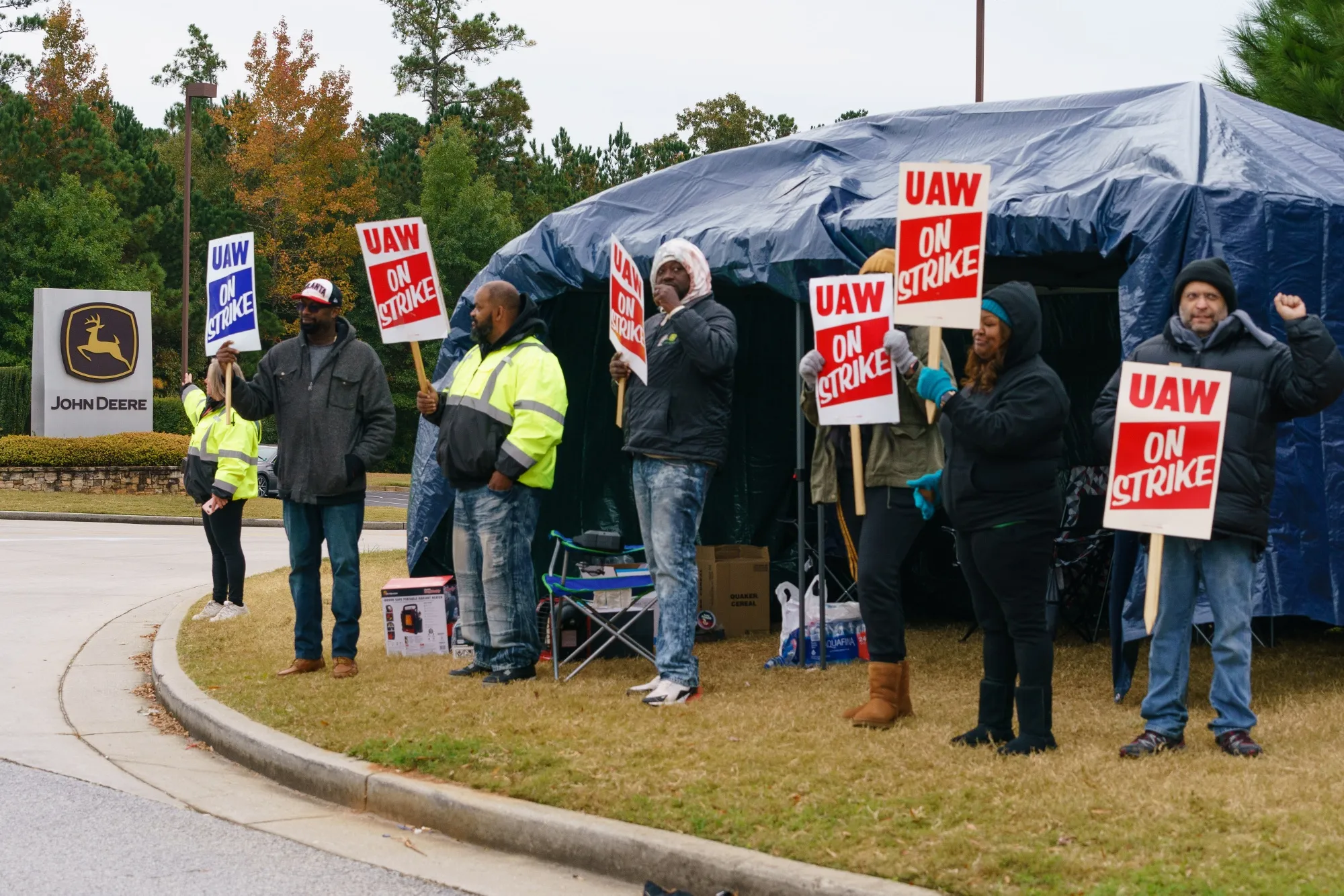 Workers during a strike outside the John Deere Regional Parts Distribution facility in McDonough, Georgia, on Nov. 5.