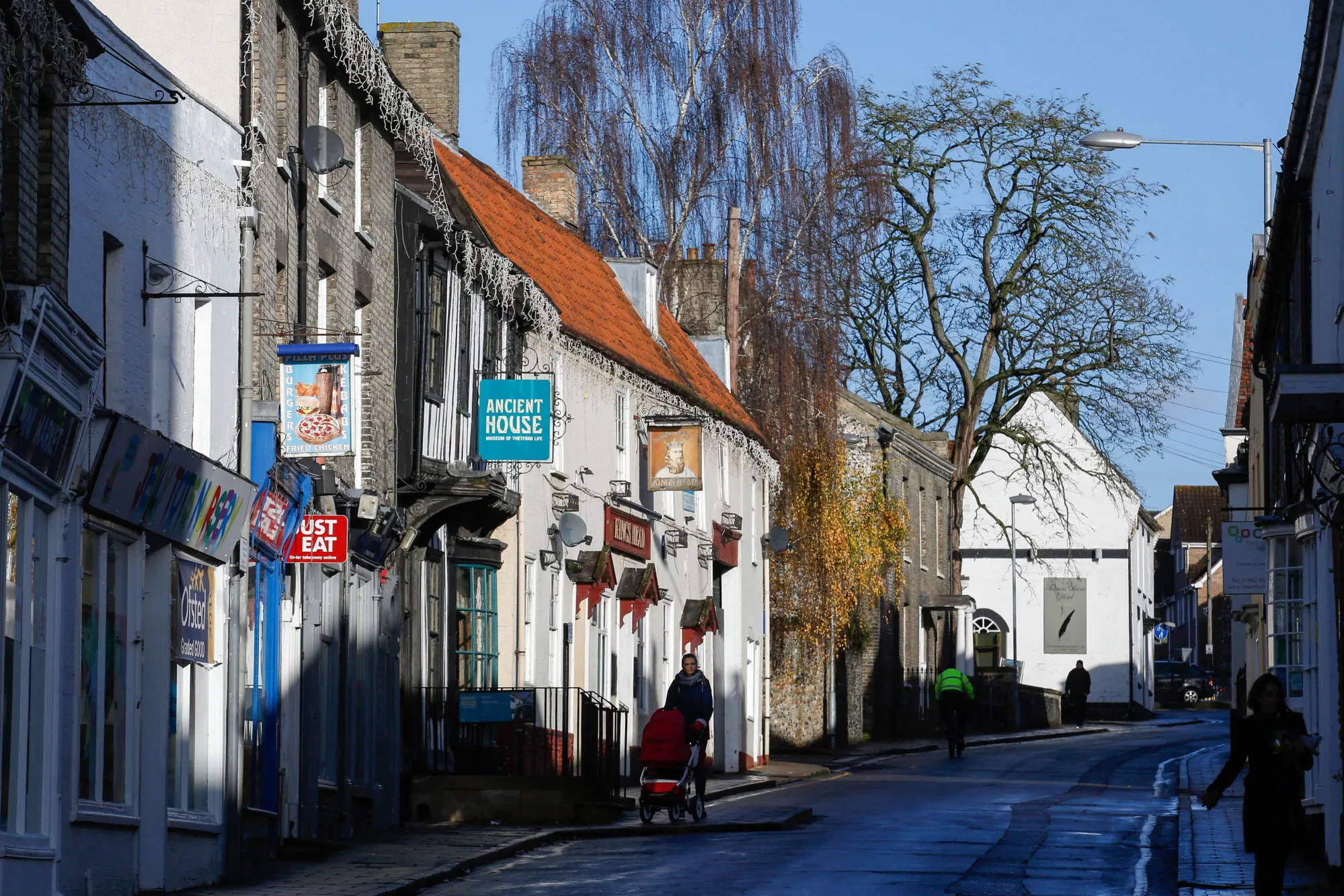 Shops along a street in Thetford, U.K.
