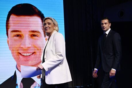 National Rally leader Marine Le Pen and party President Jordan Bardella in Paris on June 9.