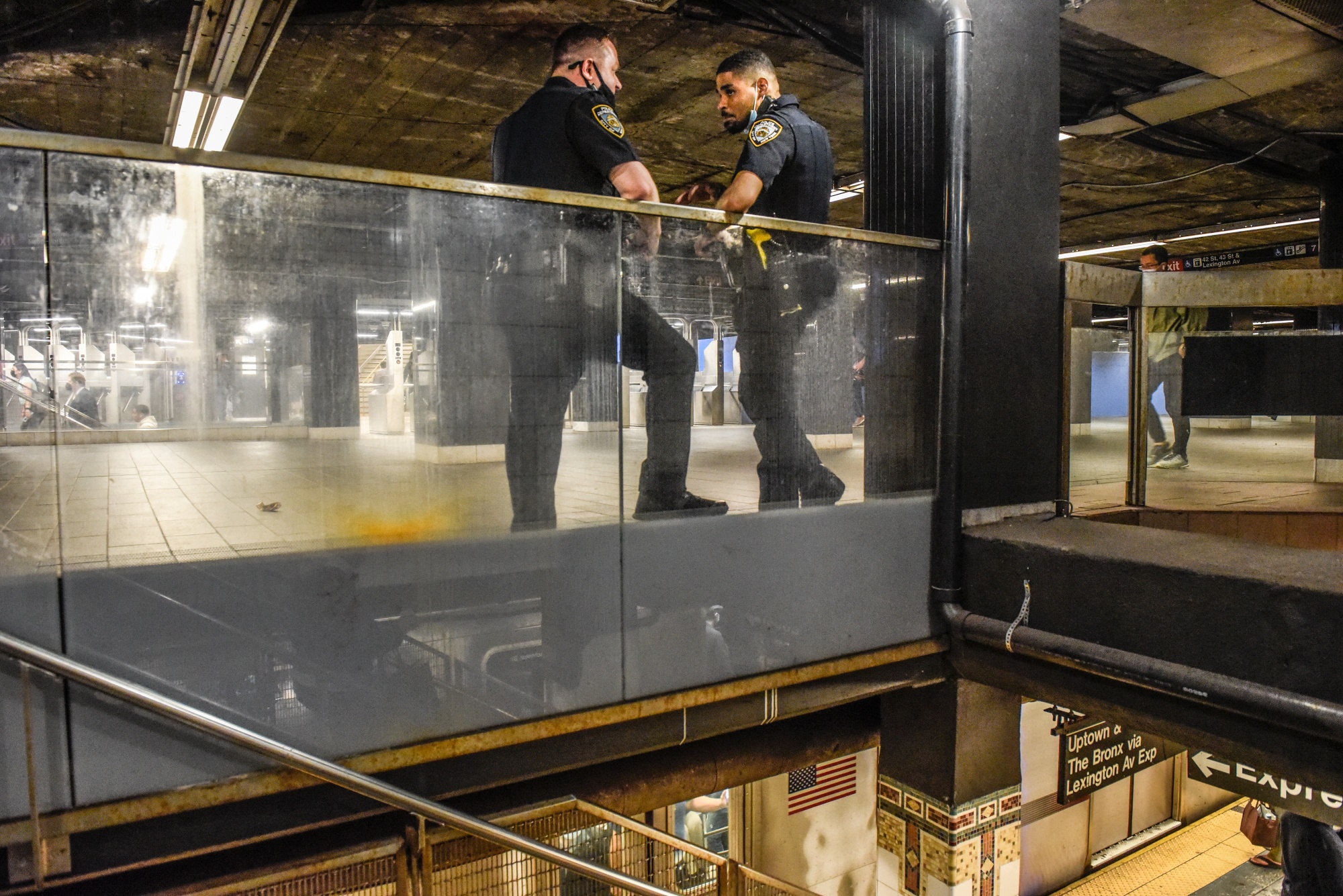 New York Police Department (NYPD) officers patrol inside the Times Square subway station in New York, US, on Wednesday, May 25, 2022.&nbsp;