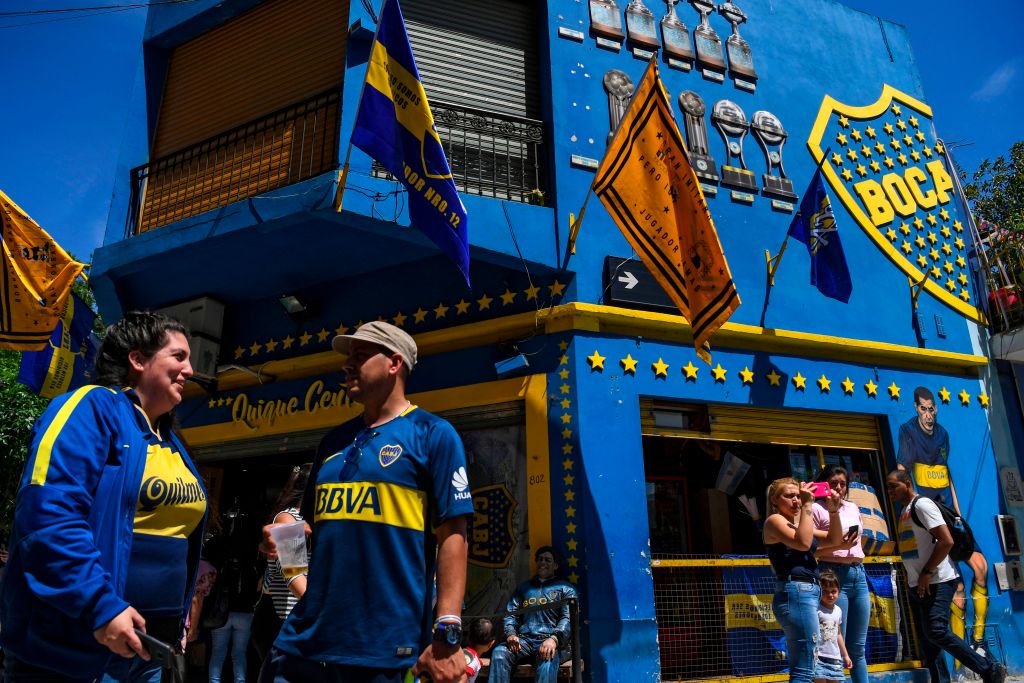 Argentina’s Boca Junior supporters gather outside La Bombonera stadium in Buenos Aires.