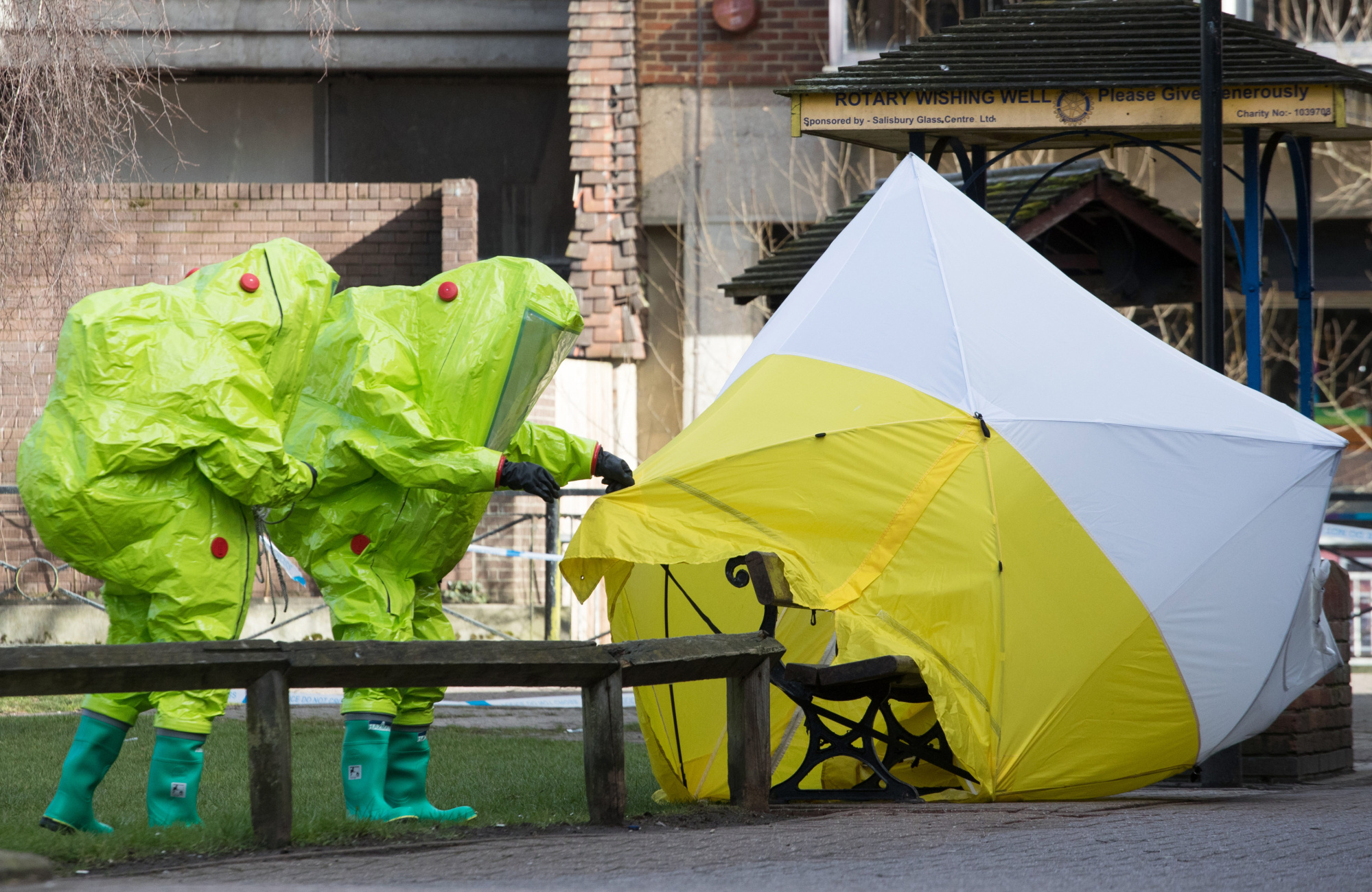 Specialist officers secure a forensic tent covering a bench in Salisbury, U.K., on March 8.