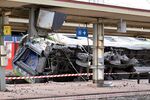 A derailed train car at the site of an accident at the railway station of Brétigny-sur-Orge on July 12 near Paris