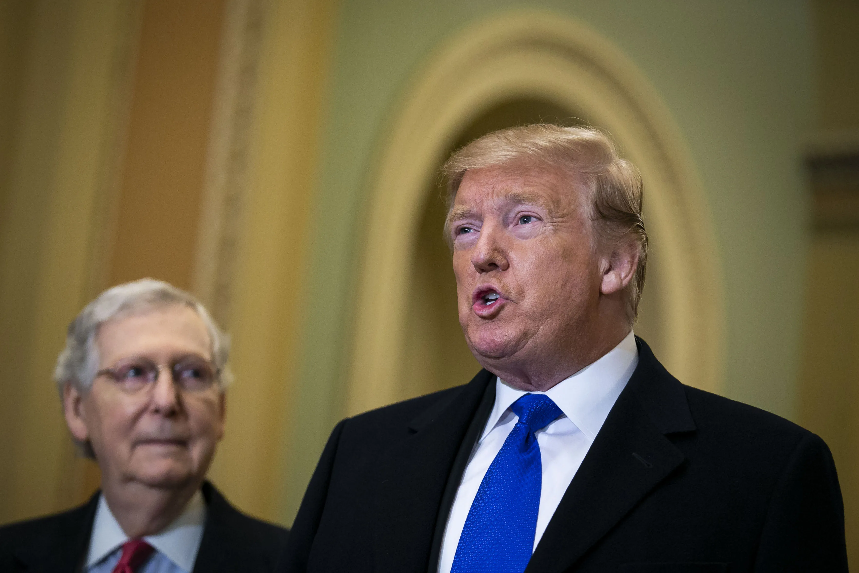 Trump speaks to members of the media at the U.S. Capitol in Washington on&nbsp;March 26.&nbsp;