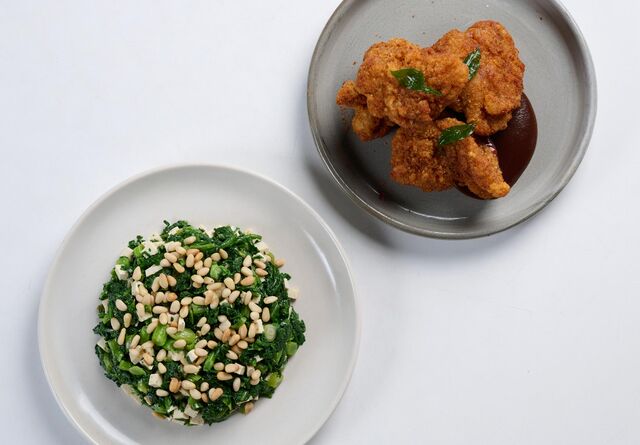 Fried chicken and chrysanthemum salad at Lagoon Dining.