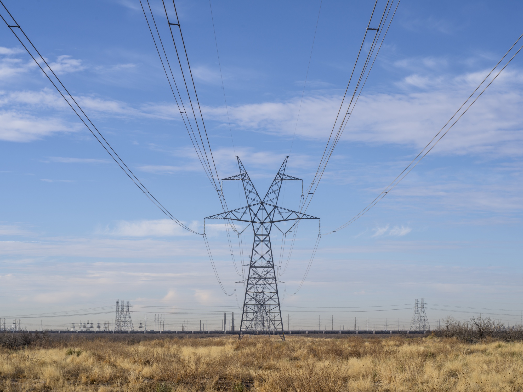 Overhead power lines near Monahans, Texas.