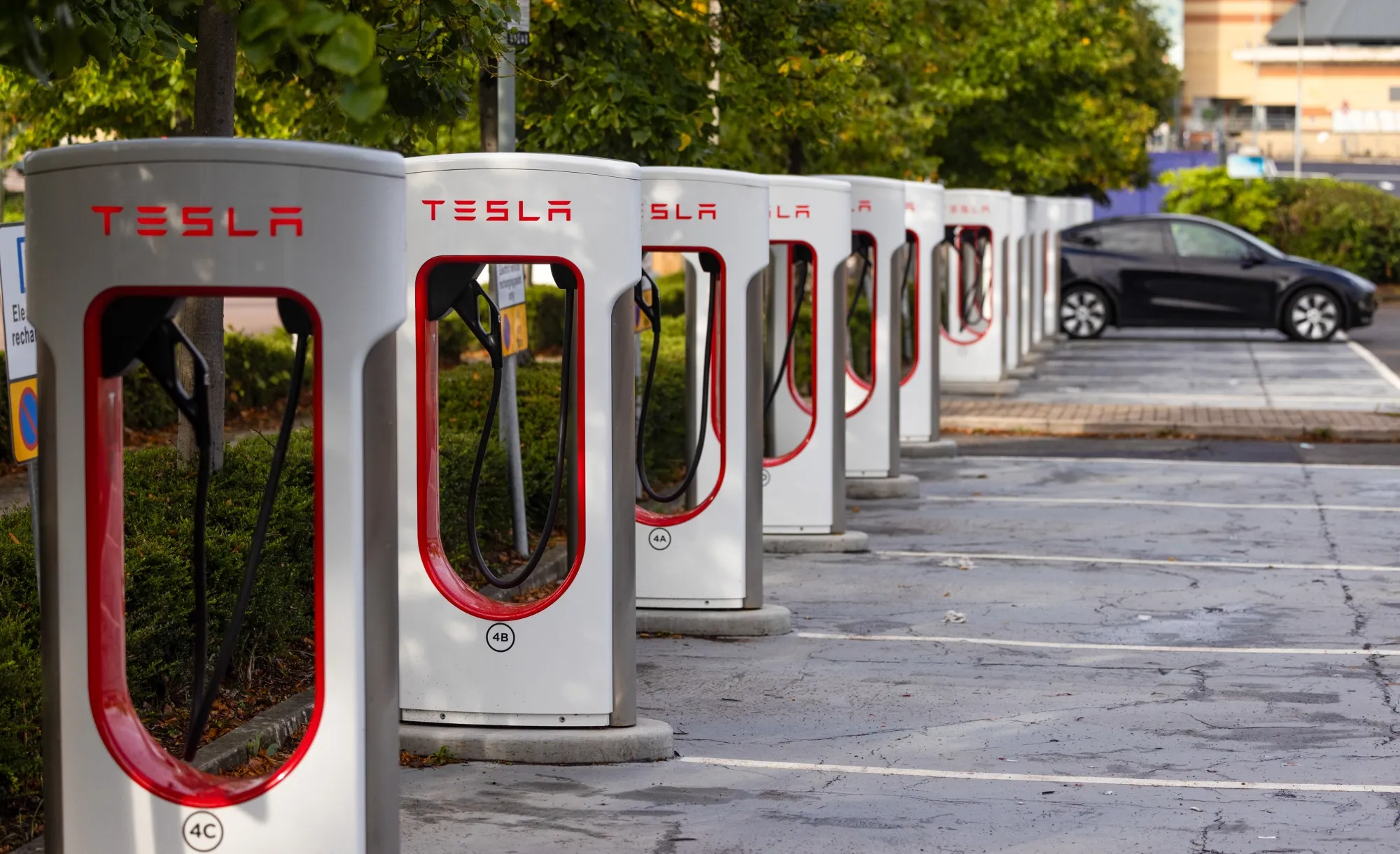 Tesla Electric vehicle supercharger charging points.