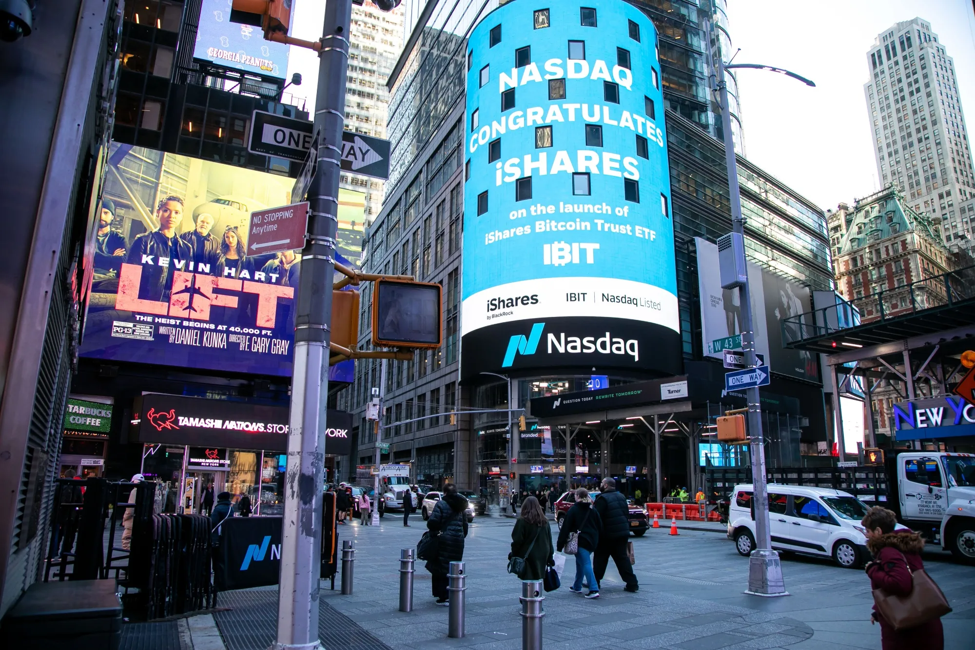 Blackrock iShares Bitcoin Trust ETF (IBIT) signage at the Nasdaq MarketSite in New York after launching in January 2024.
