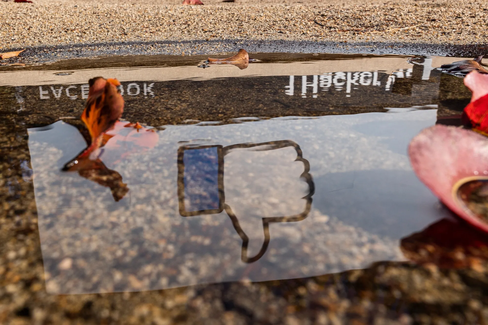 The Facebook logo reflected in a puddle at the company's headquarters in Menlo Park, California.