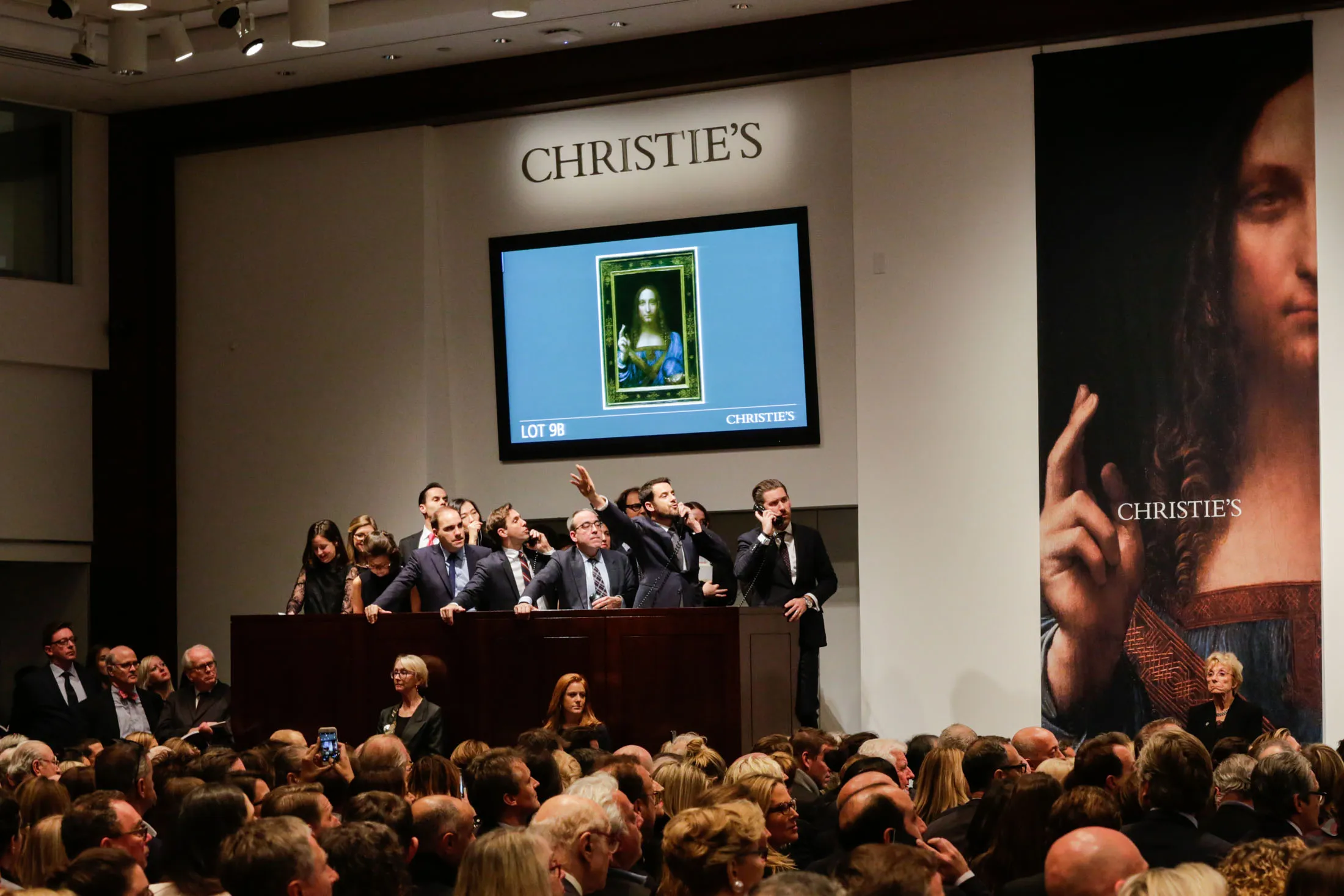 The auction of Leonardo da Vinci's "Salvator Mundi" at Christie's on Nov. 15, 2017 in New York City.