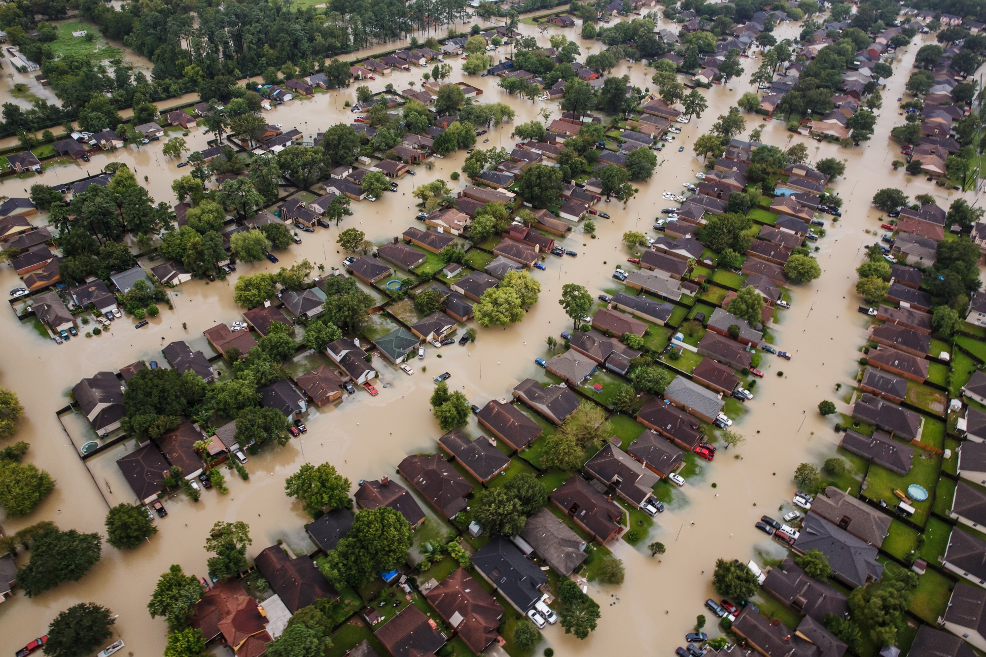 A flooded Houston neighborhood&nbsp;in the wake of Hurricane Harvey on August 29, 2017.