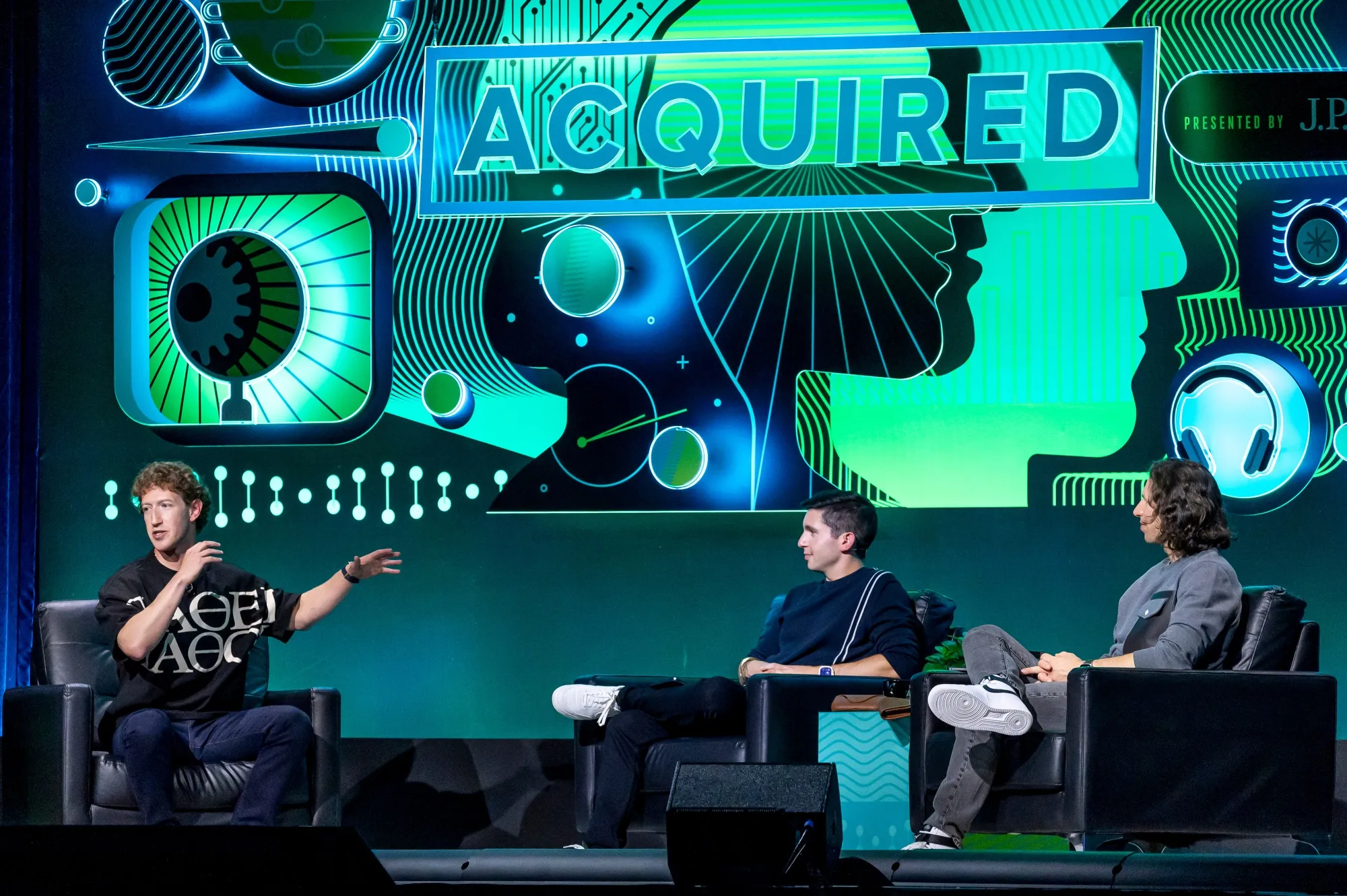 Mark Zuckerberg, CEO of Meta Platforms, left, with podcast hosts Ben Gilbert, center, and David Rosenthal during the Acquired LIVE event in San Francisco in September 2024.