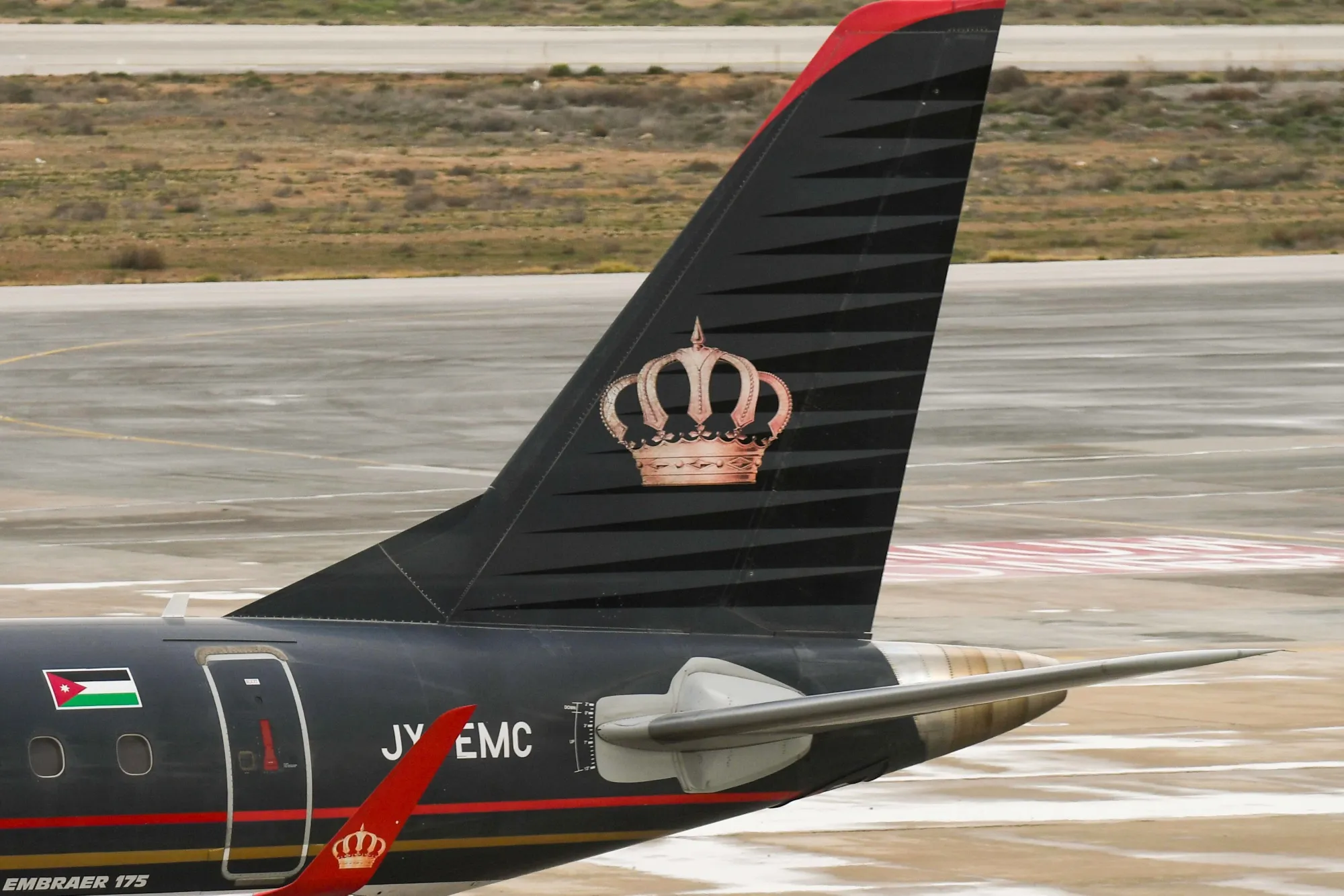 The Royal Jordanian logo on an aircraft at Queen Alia International Airport in Zizya, Jordan, in 2019.