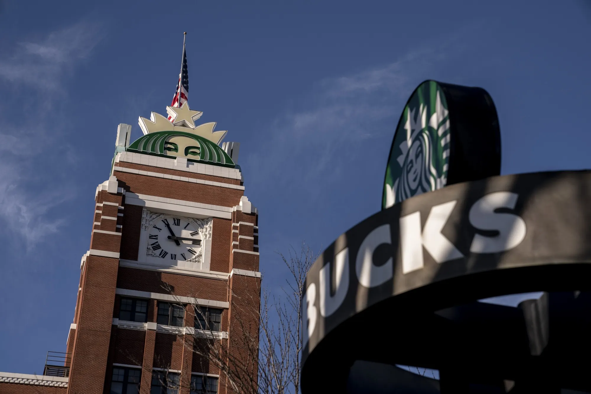 A logo on the clock tower of the Starbucks Corp. headquarters in Seattle, Washington.