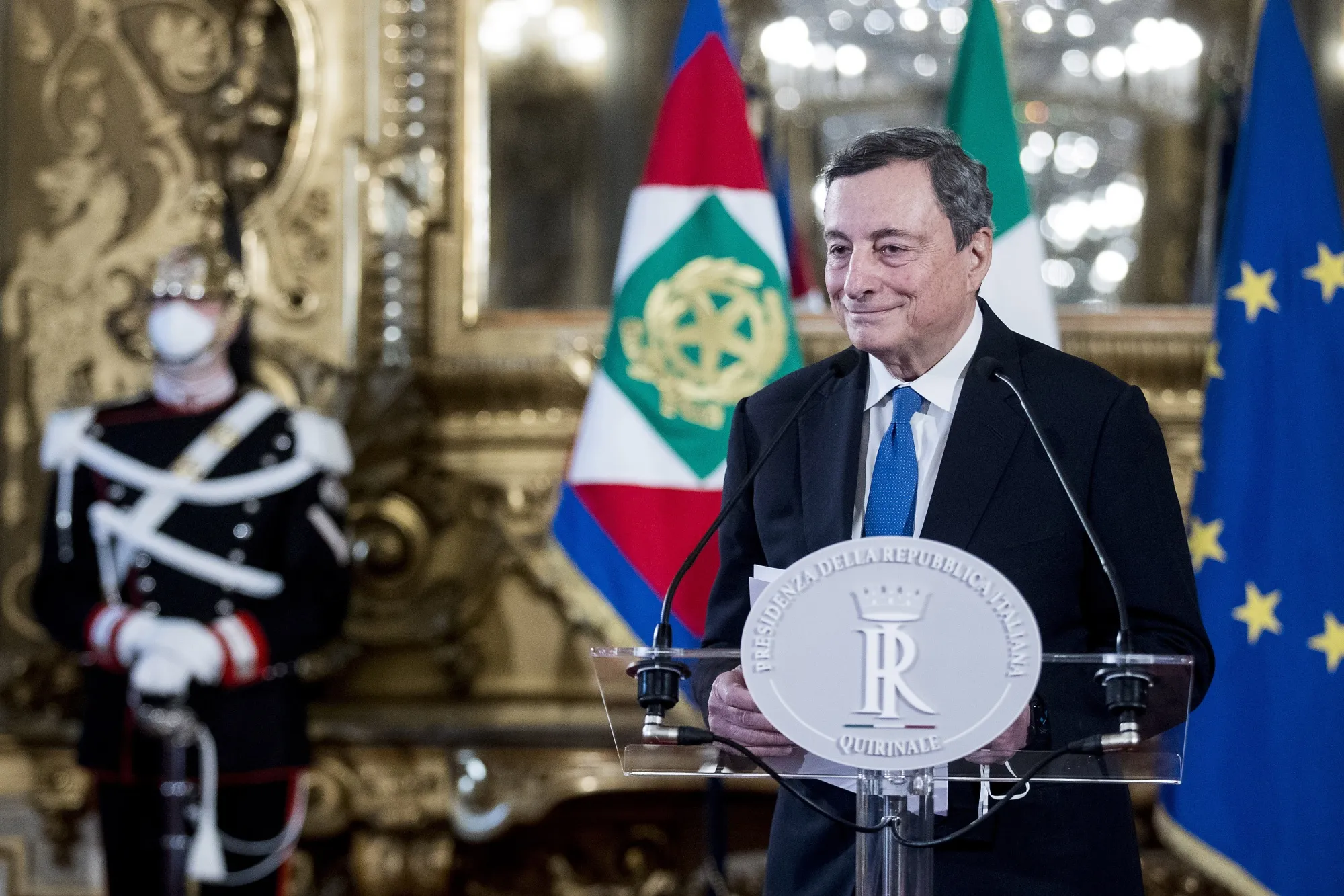 Mario Draghi&nbsp;speaks in Rome on Feb. 3.