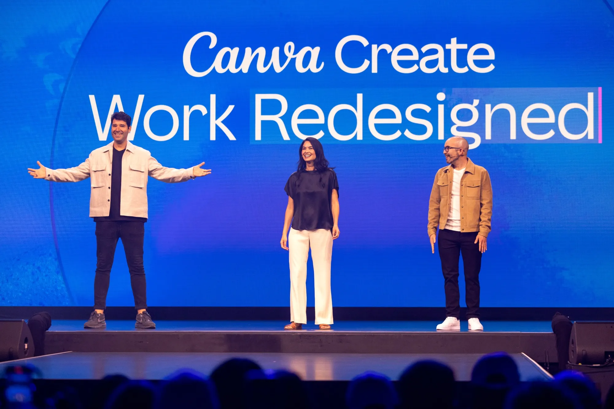 Cliff Obrecht,&nbsp;from left, Melanie Perkins,&nbsp;and Cameron Adams&nbsp;during the Canva Create event in Inglewood, California, on May 23.&nbsp;