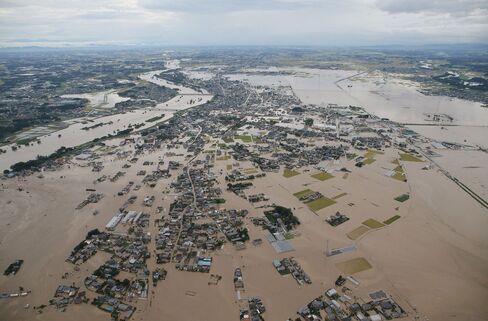 An aerial view shows the flooded city of Joso, Tokyo, on Sept. 10, 2015.