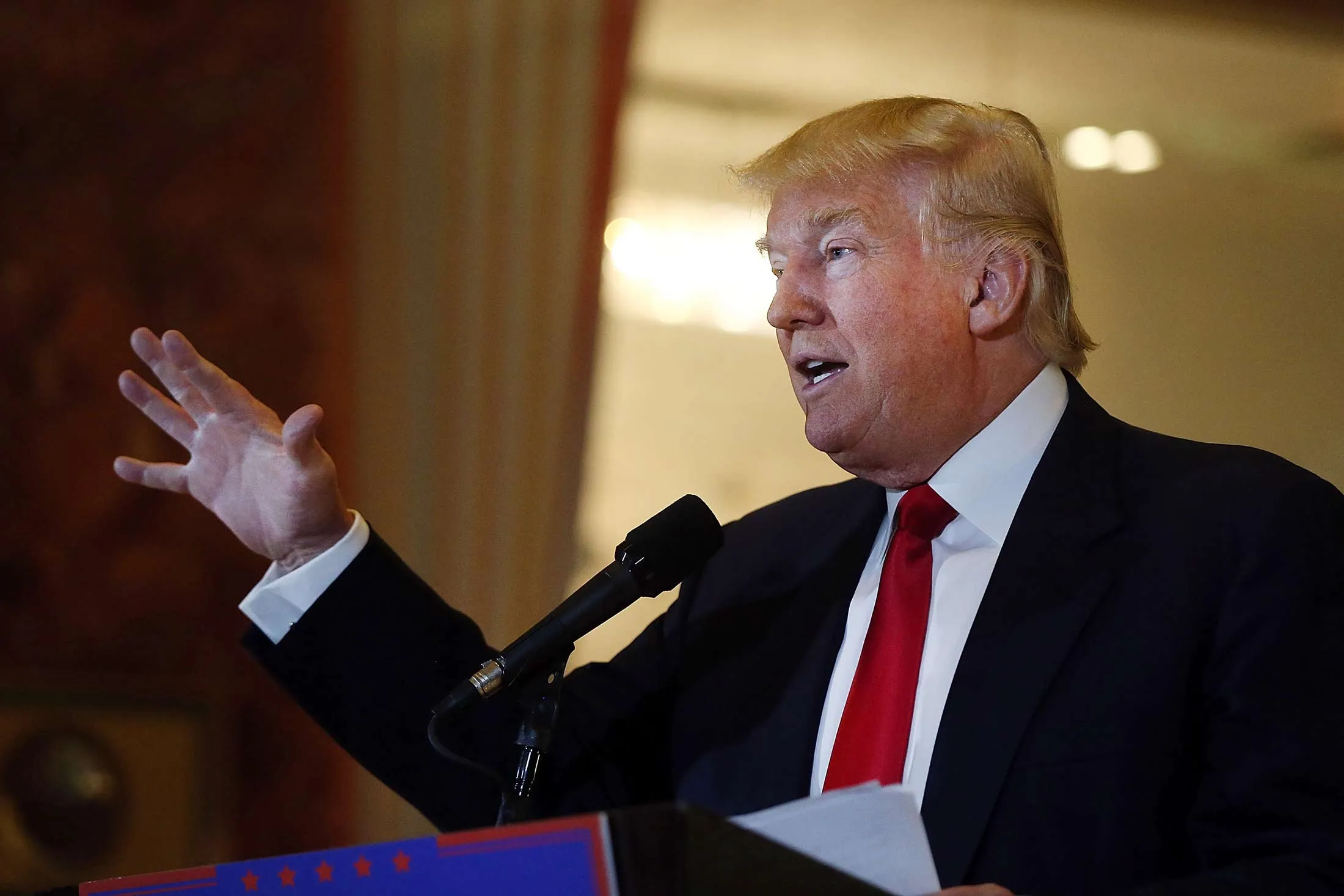 Republican presidential candidate Donald Trump speaks at a news conference at Trump Tower on May 31, in New York City.
