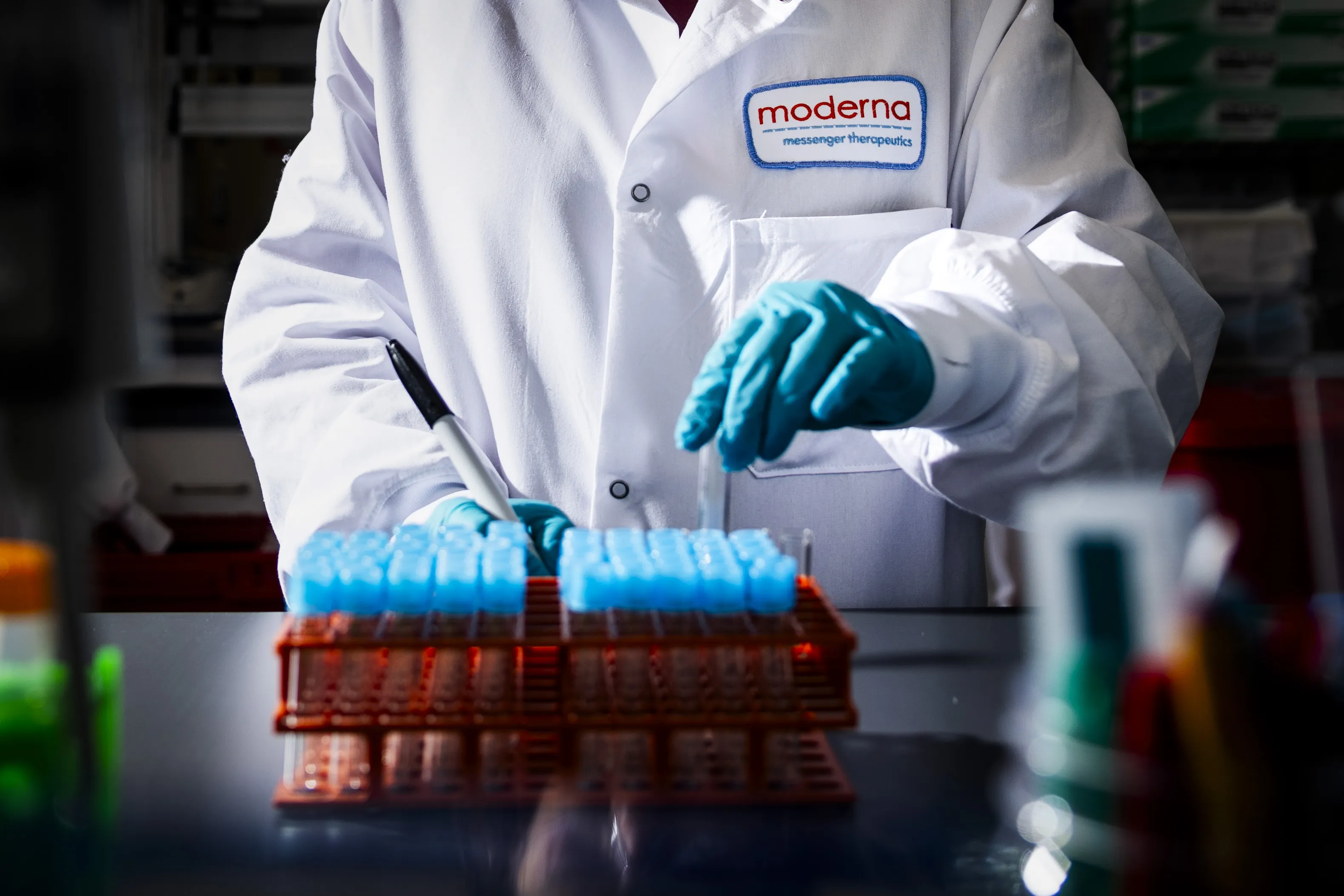 A researcher works in the lab at the Moderna Inc. headquarters in Cambridge, Massachusetts.