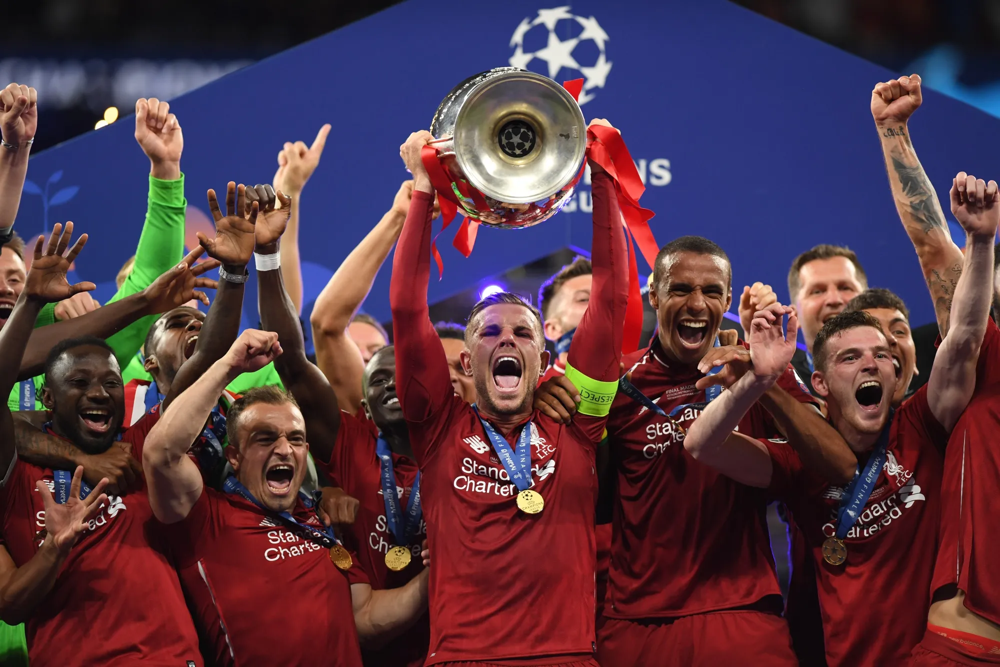 Liverpool celebrates during the UEFA Champions League Final.