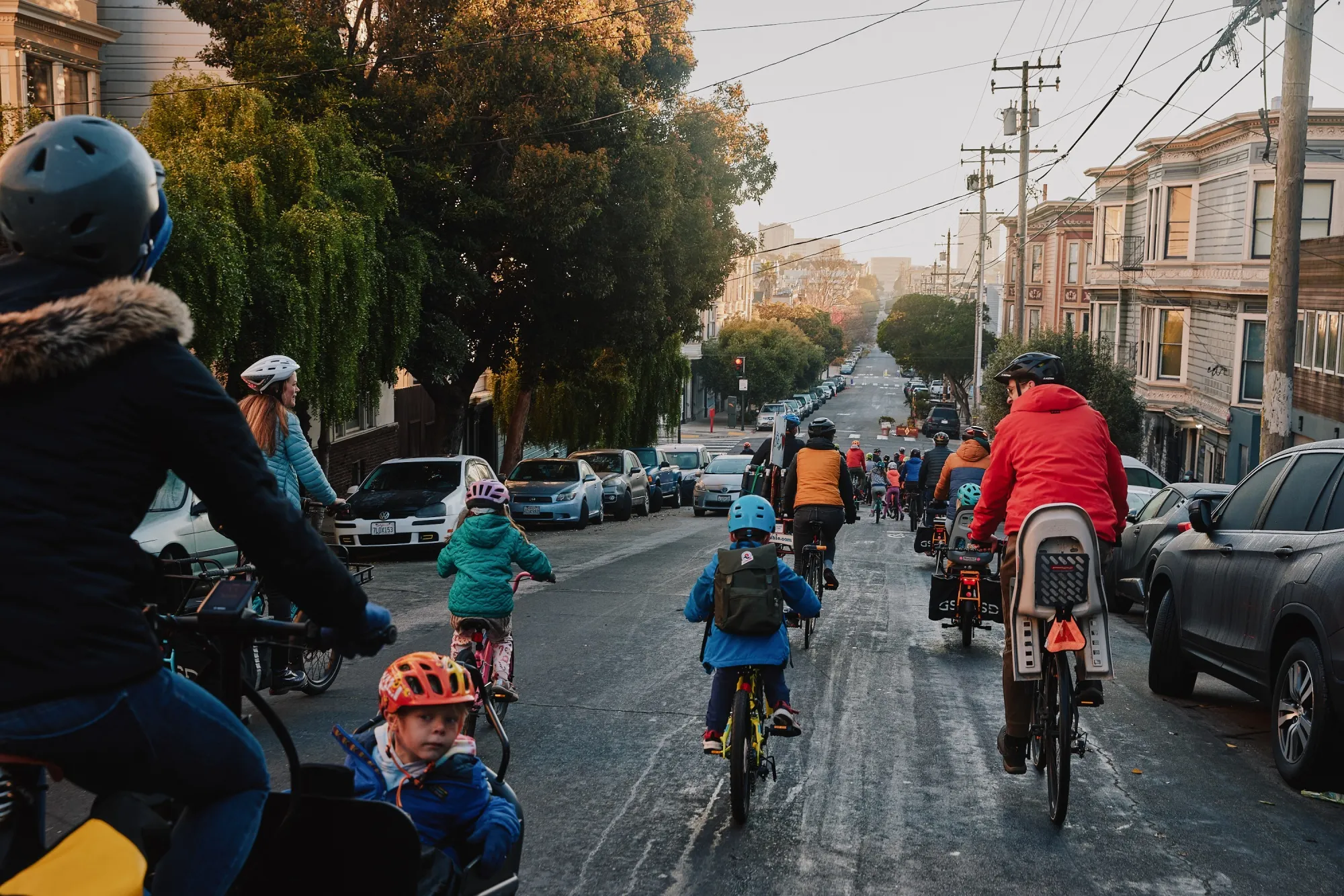A pack of students and parents commute to school on bicycles in San Francisco on Jan. 14 as part of a “bike bus.”