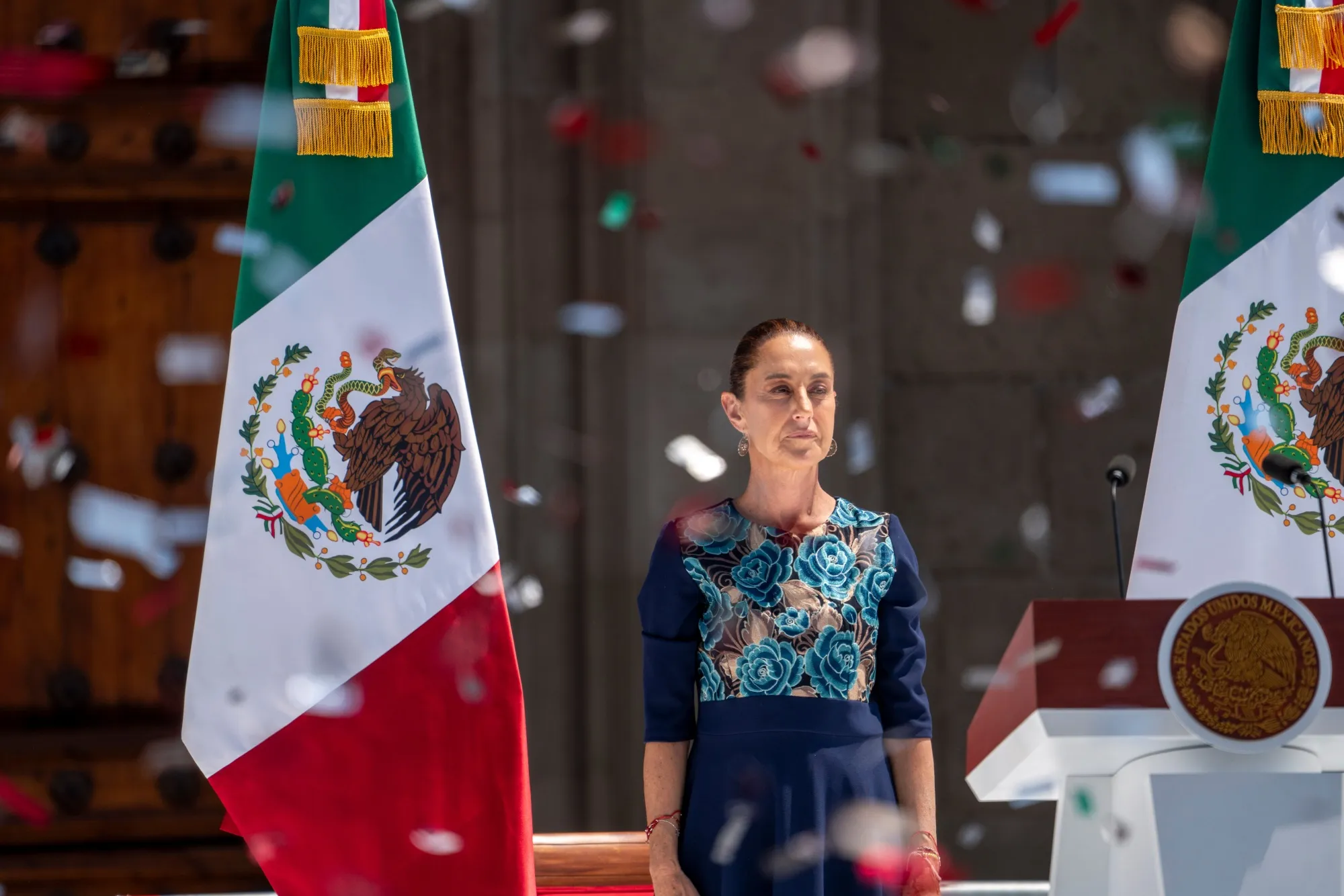 Claudia Sheinbaum, Mexico's president, on stage during an event at Zocalo Plaza in Mexico City, Mexico, on Sunday, March 9, 2025. Sheinbaum said she is confident her US counterpart Donald Trump won't impose reciprocal tariffs on her nation's exports next month as tensions between the top trading partners simmer.