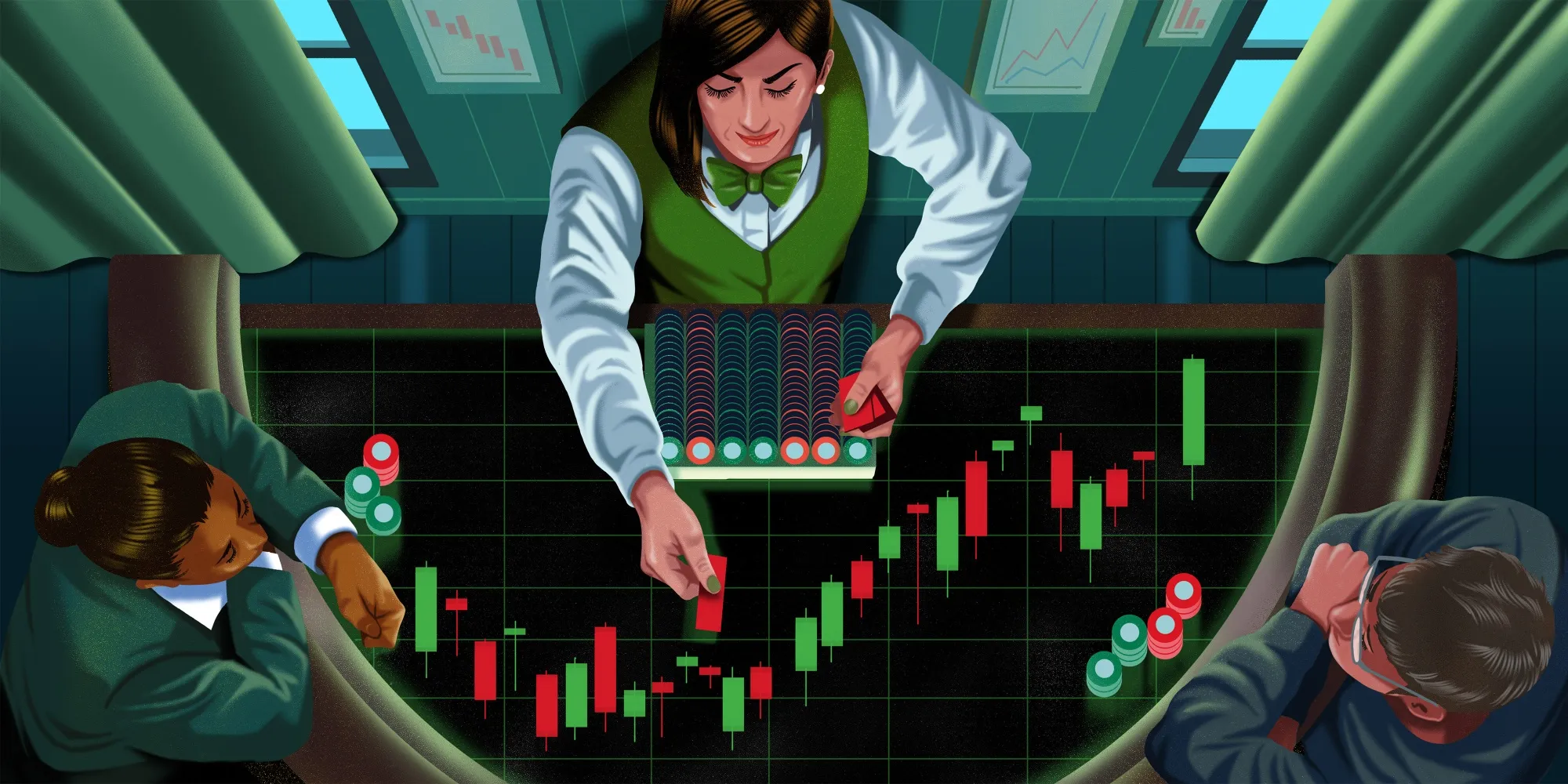 Illustration of a woman dealing out portions of a chart