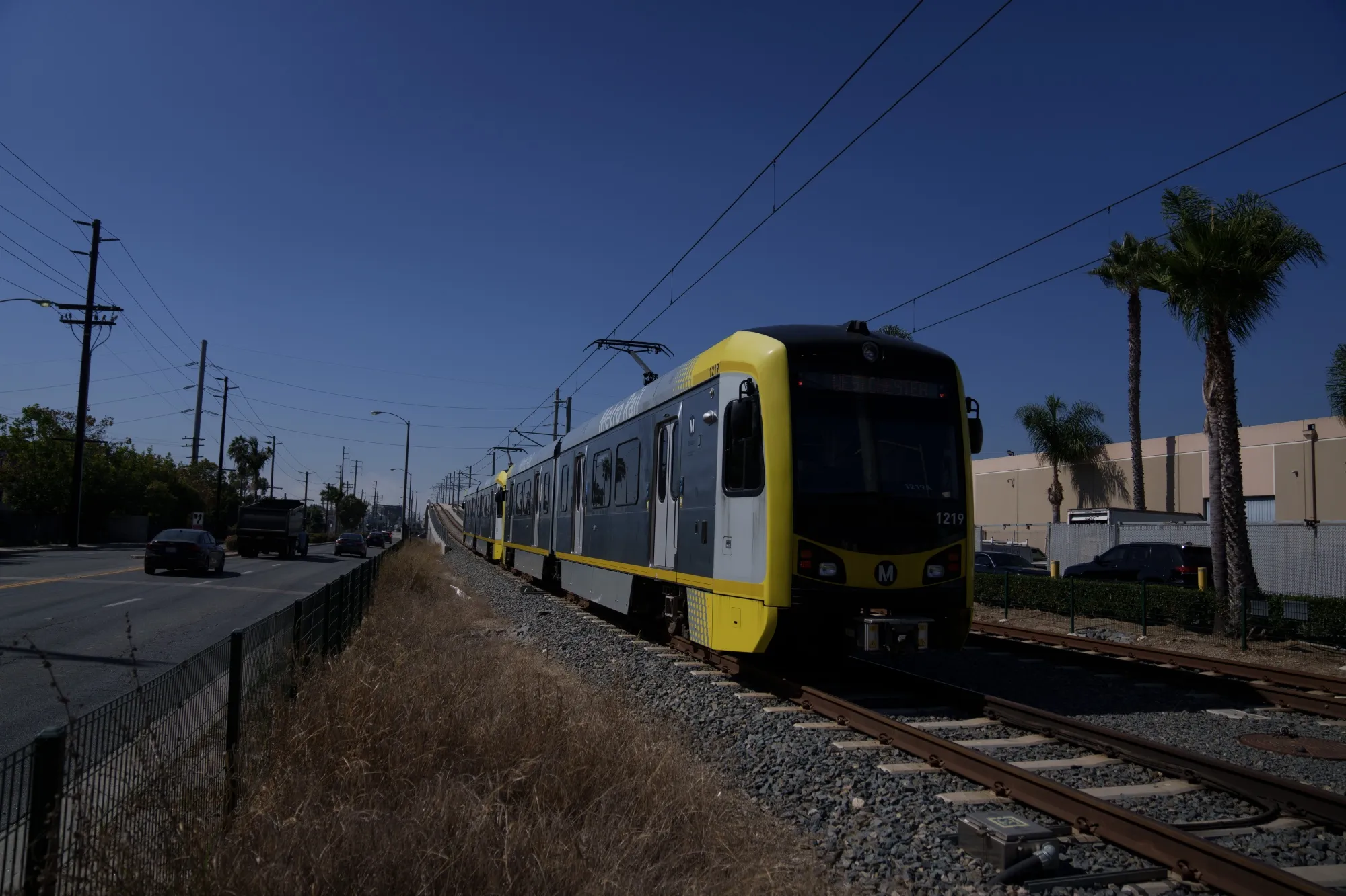 A K Line train travels in Los Angeles in October. Ridership on the Metro system’s latest light rail line has been lagging.&nbsp;