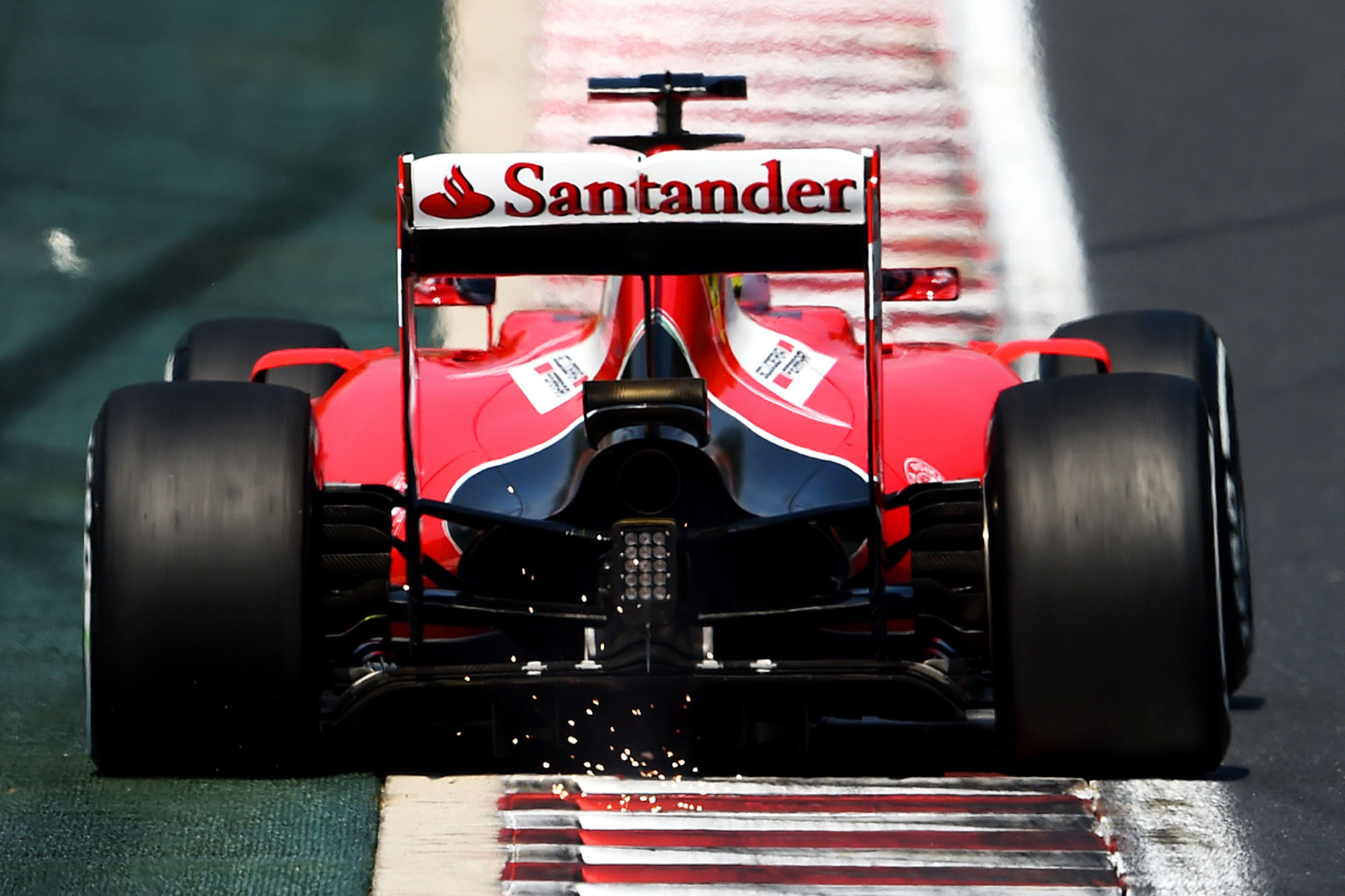A Banco Santander SA logo is displayed on a Ferrari f1 car during practice for the Hungary Gran Prix.
