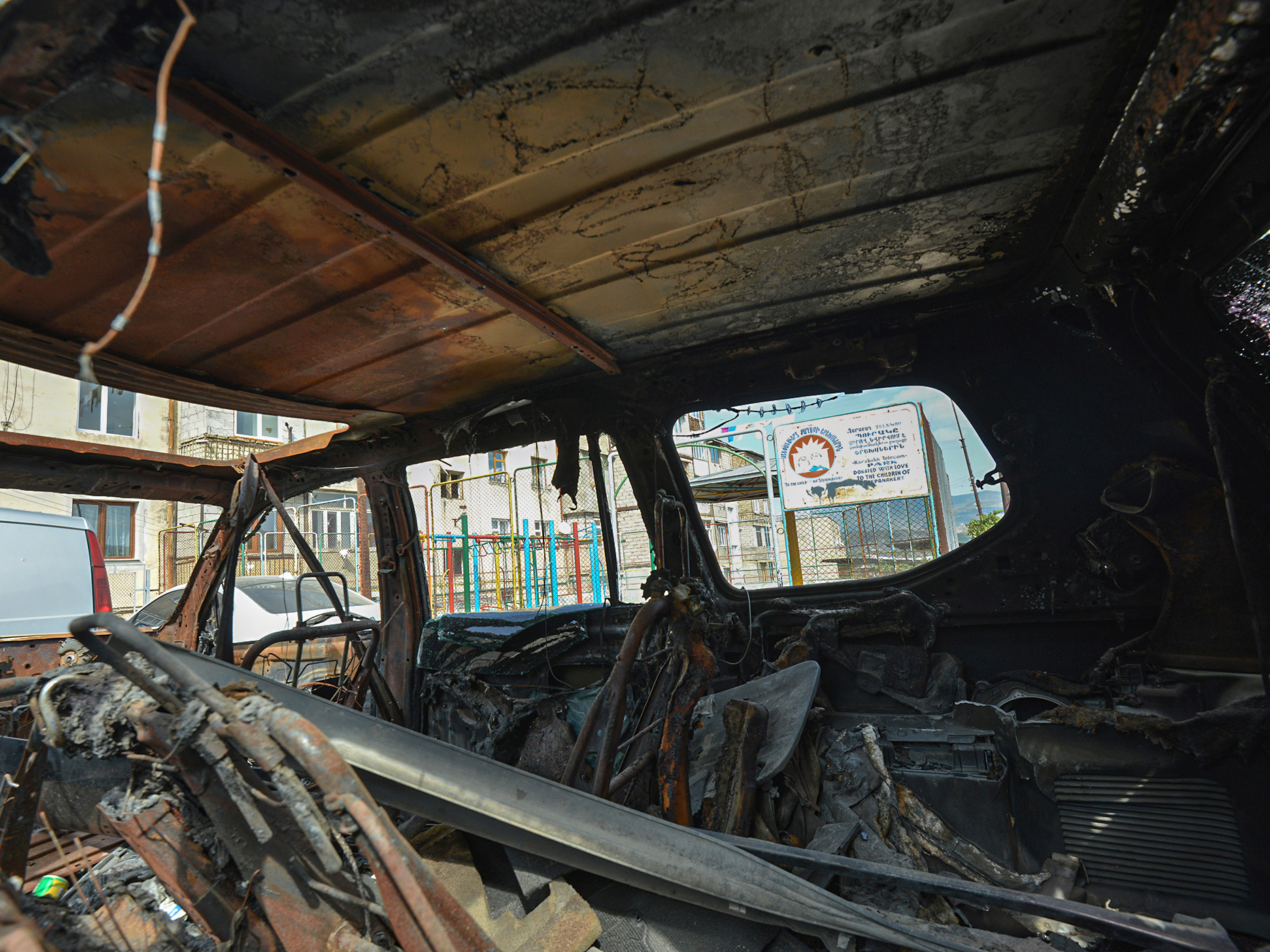 A vehicle destroyed by shelling in Stepanakert, Nagorno-Karabakh, on Sept. 29.
