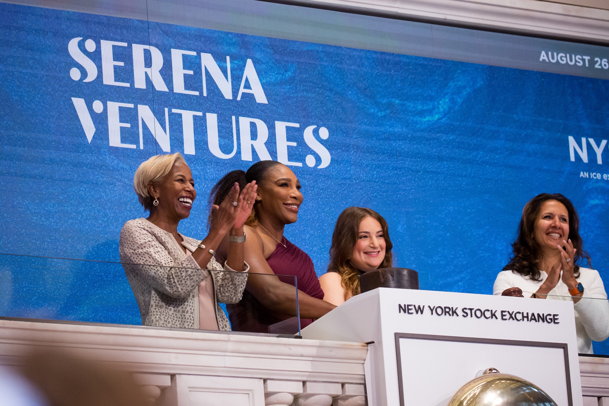 Serena Williams at the ringing of the opening bell on the floor of the NYSE on&nbsp;Aug. 26