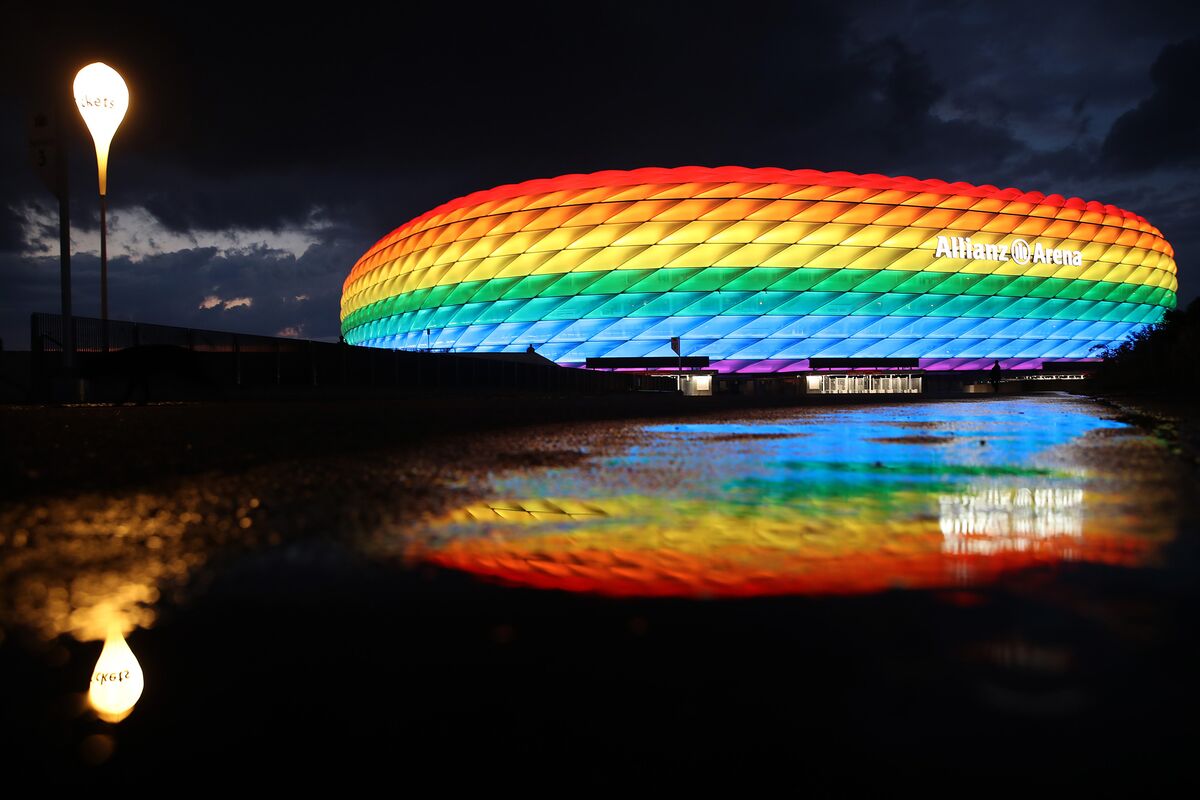 Bayern Munich light Allianz Arena in rainbow flag on Christopher Street Day  - Bavarian Football Works