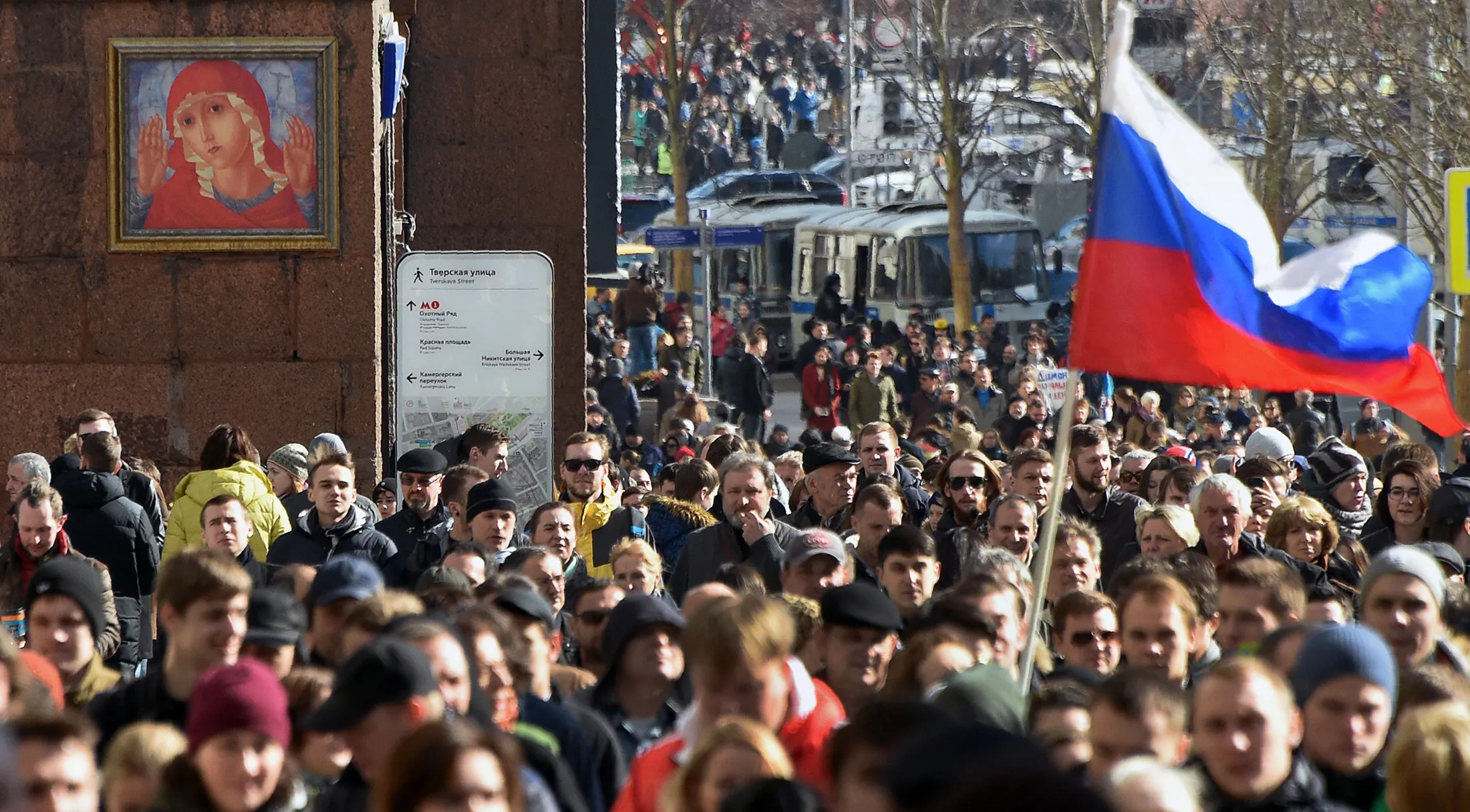 Protesters walk along Moscow's Tverskaya street during an unauthorised anti-corruption rally on March 26.
