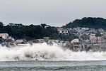 Waves break on the shore ahead of Typhoon Hagibis in Fujisawa, Kanagawa Prefecture, Japan in October 2019.