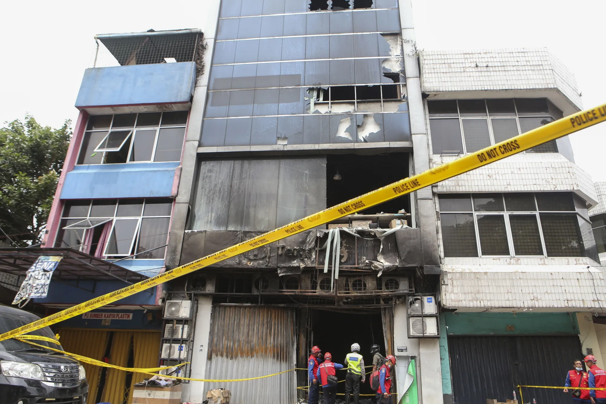 The scorched facade of the Terra Drone office in Kemayoran, Jakarta, Indonesia on Dec. 10.