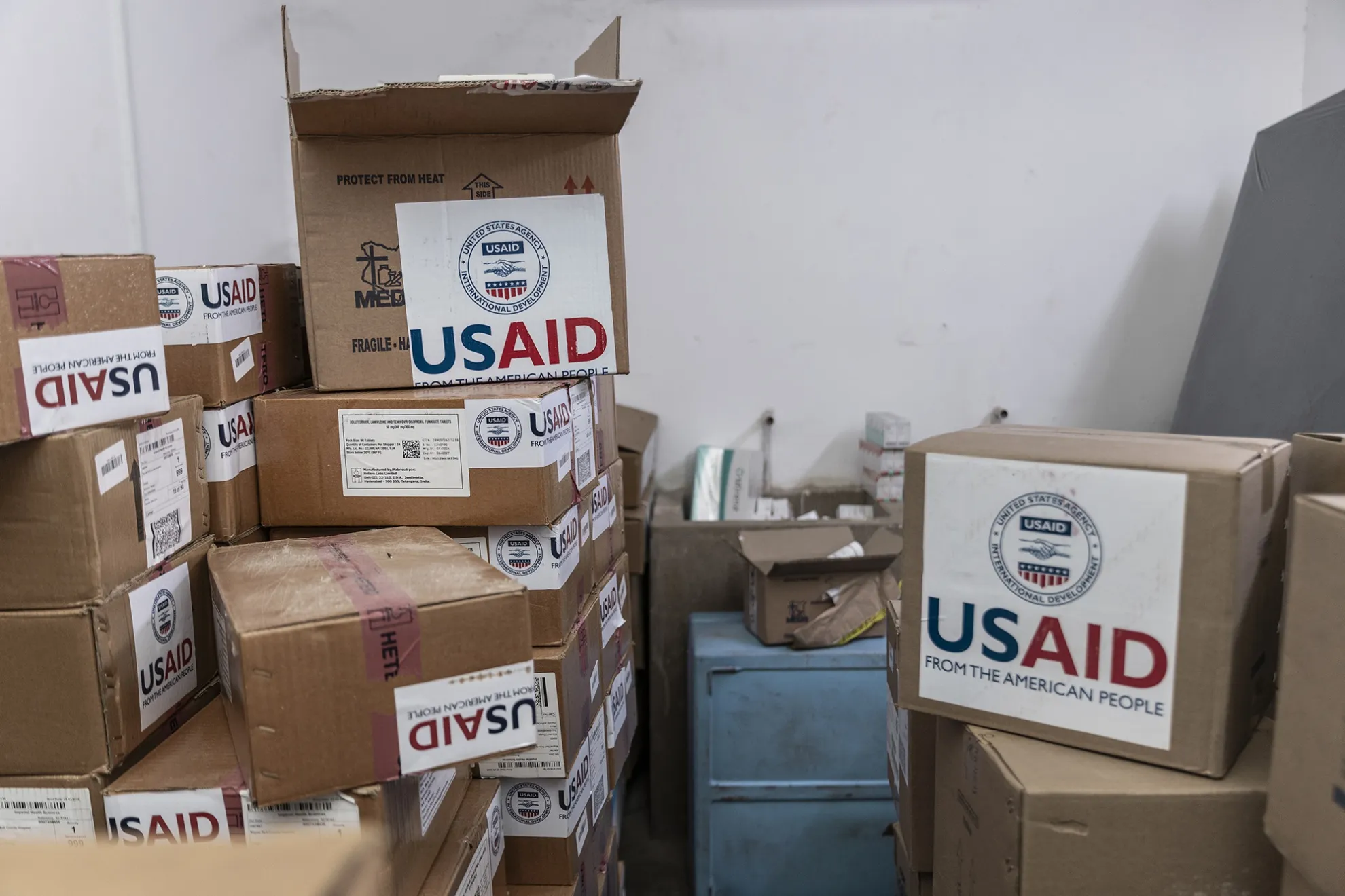Boxes&nbsp;of antiretroviral drugs in a medical stockroom, the last donation before USAID funding cuts, in Kisumu, Kenya on April 24.&nbsp;