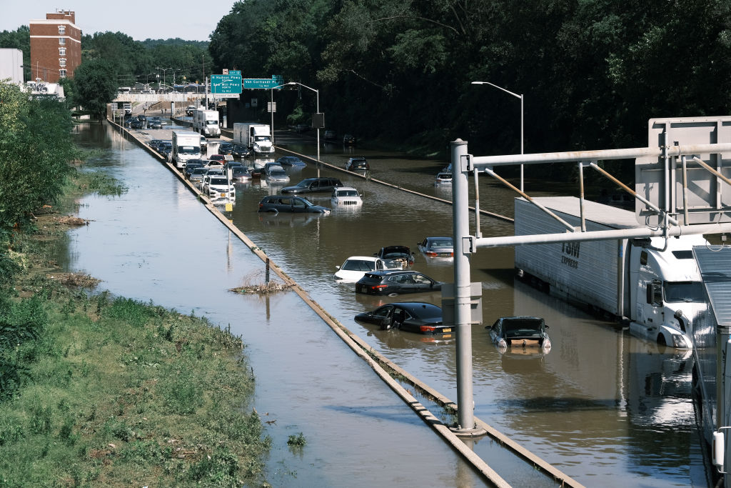 Cars sit abandoned on the flooded Major Deegan Expressway in the Bronx following Hurricane Ida in New York on Sept. 2.
