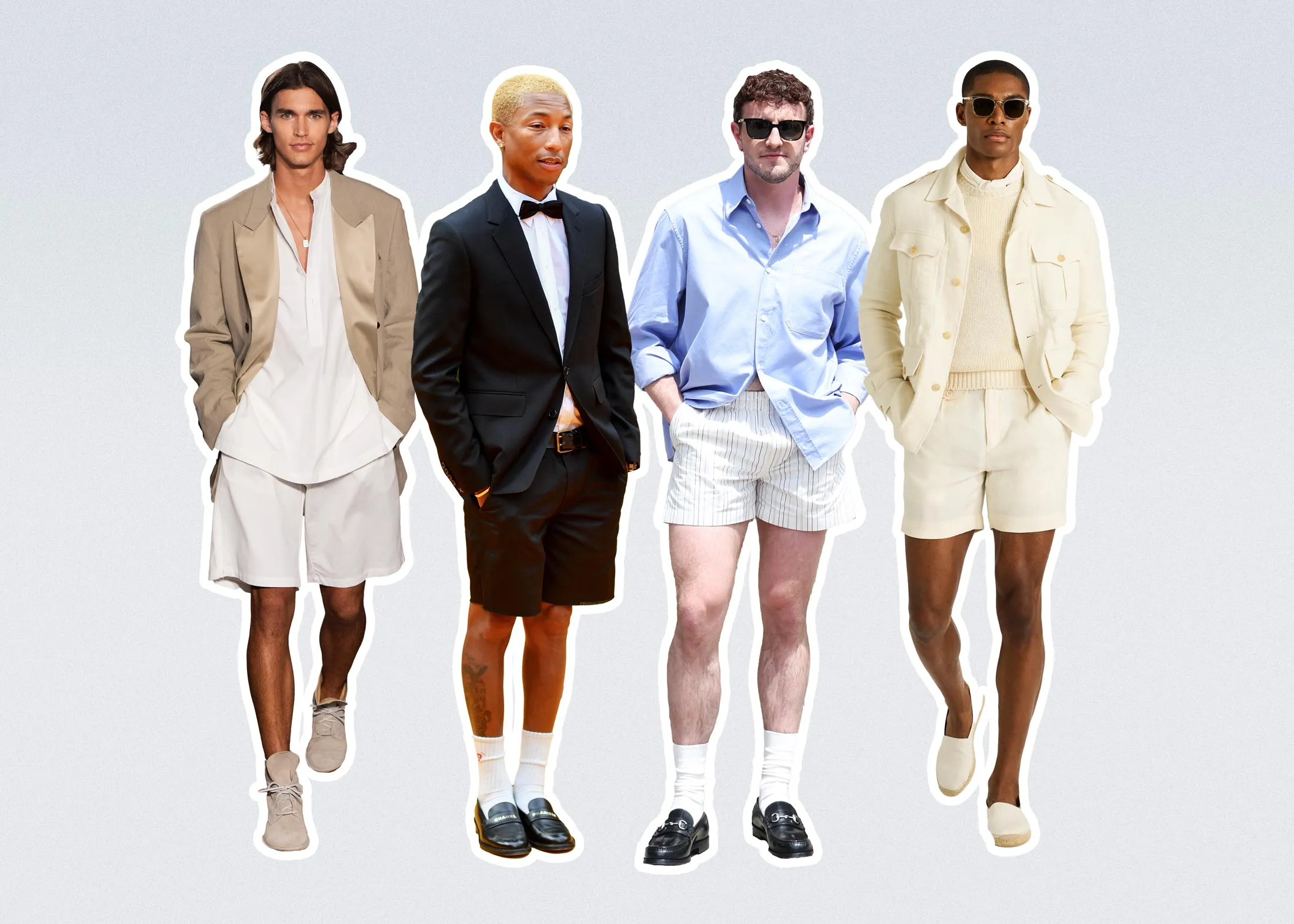 From left: Shorts on the Spring 2025 Todd Snyder runway; on Pharell Williams and Paul Mescal; and in the&nbsp;Ralph Lauren Purple Label Spring 2025 collection.