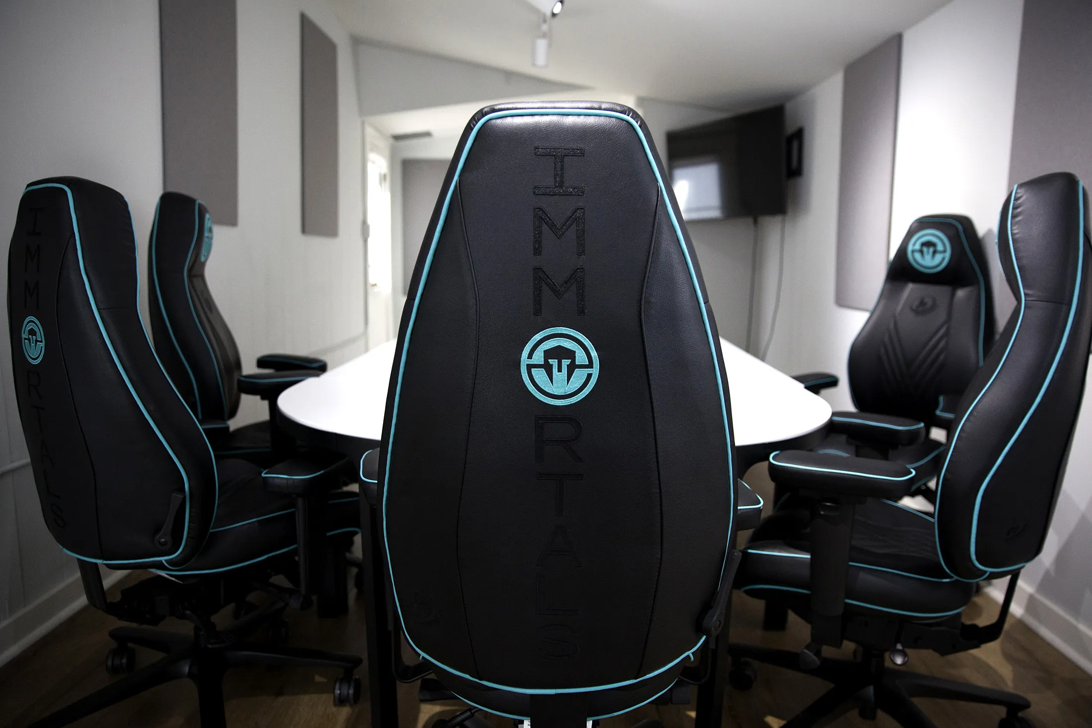 The Immortals logo is seen on a LF Gaming chair at the new Immortals and Los Angeles Valiant training facility located in Los Angeles, California, U.S., on Wednesday, Nov. 15, 2017.