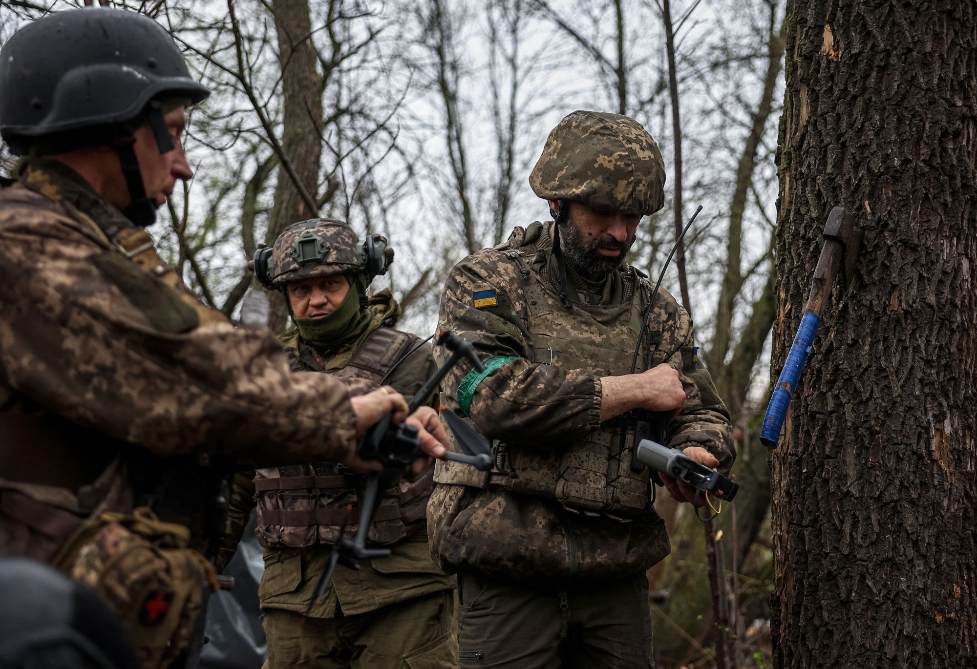 Ukrainian infantrymen prepare a drone in east Ukraine, on April 13.
