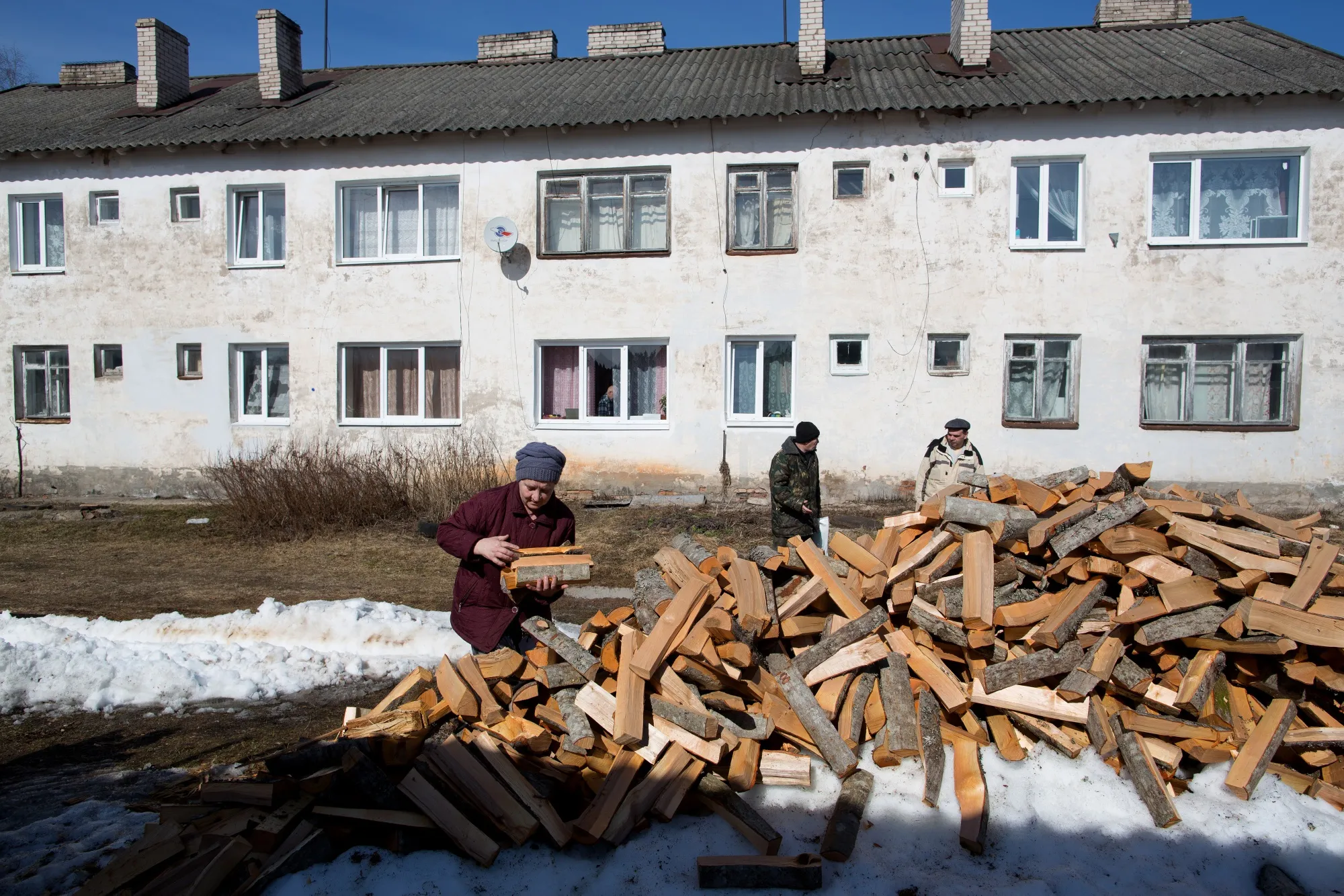 Pensioner Galina Emilianova, 65,&nbsp;gathers firewood near her home in the village of Moshenskoye.