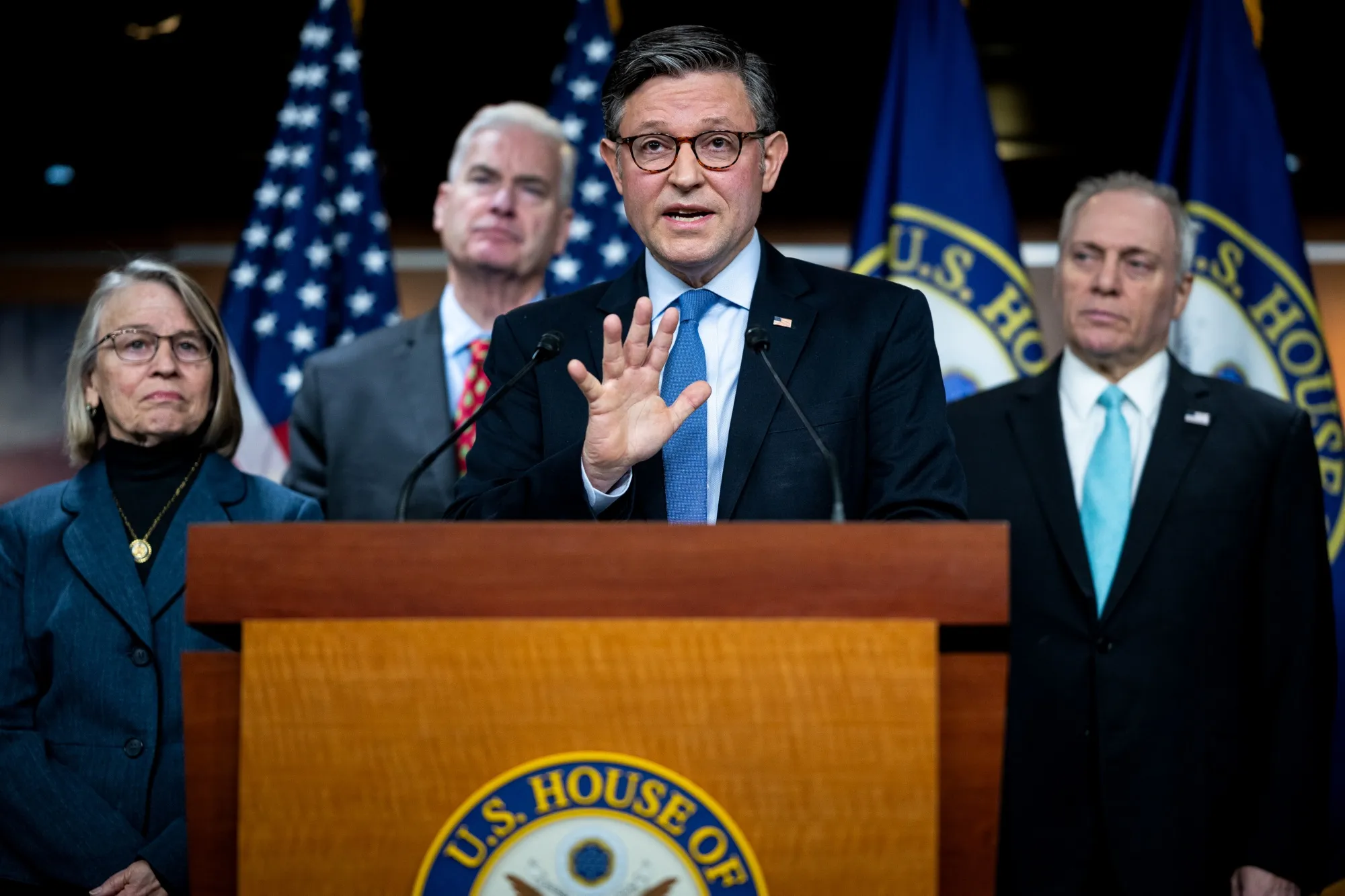 US House Speaker Mike Johnson, a Republican from Louisiana, center, speaks during a news conference at the US Capitol in Washington on Dec. 16.