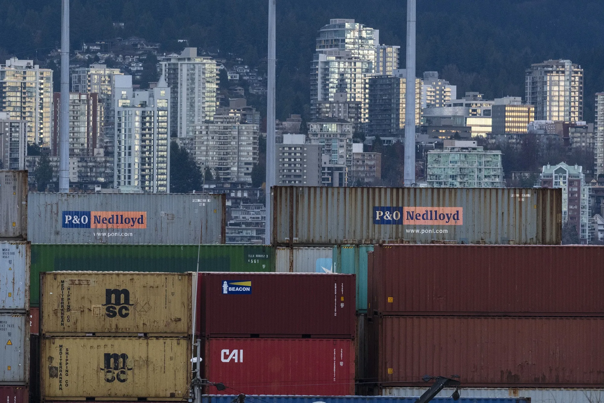 Containers are stacked up at the Port of Vancouver on Canada’s West Coast.