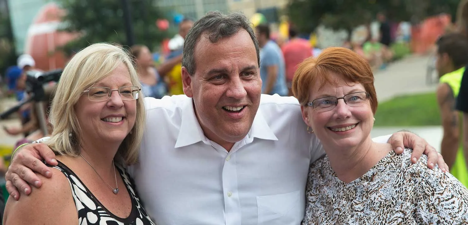 DES MOINES, IA - JULY 25: Republican presidential candidate, New Jersey Governor Chris Christie takes a photo with people gathered at Western Gateway Park for the Italian American Heritage Festival on July 25, 2015 in Des Moines, Iowa. A recent poll had Christie trailing most of his Republican rivals in Iowa. Christie is hoping to gain support in the state with several campaign stops scheduled over this weekend. (Photo by Scott Olson/Getty Images)

