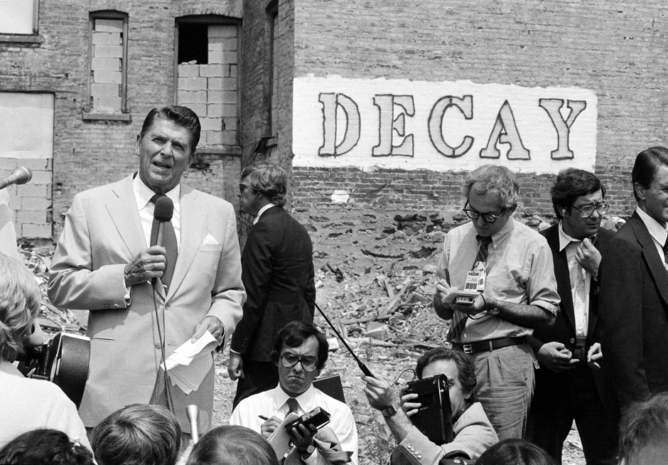 Ronald Reagan visits the South Bronx neighborhood in New York City during his 1980 presidential campaign. 