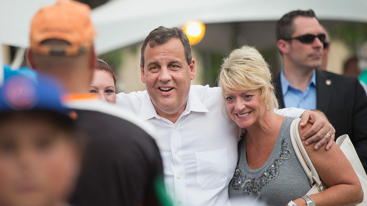 Republican presidential candidate, New Jersey Governor Chris Christie takes a photo with people gathered at Western Gateway Park for the Italian American Heritage Festival on July 25, 2015 in Des Moines, Iowa.

