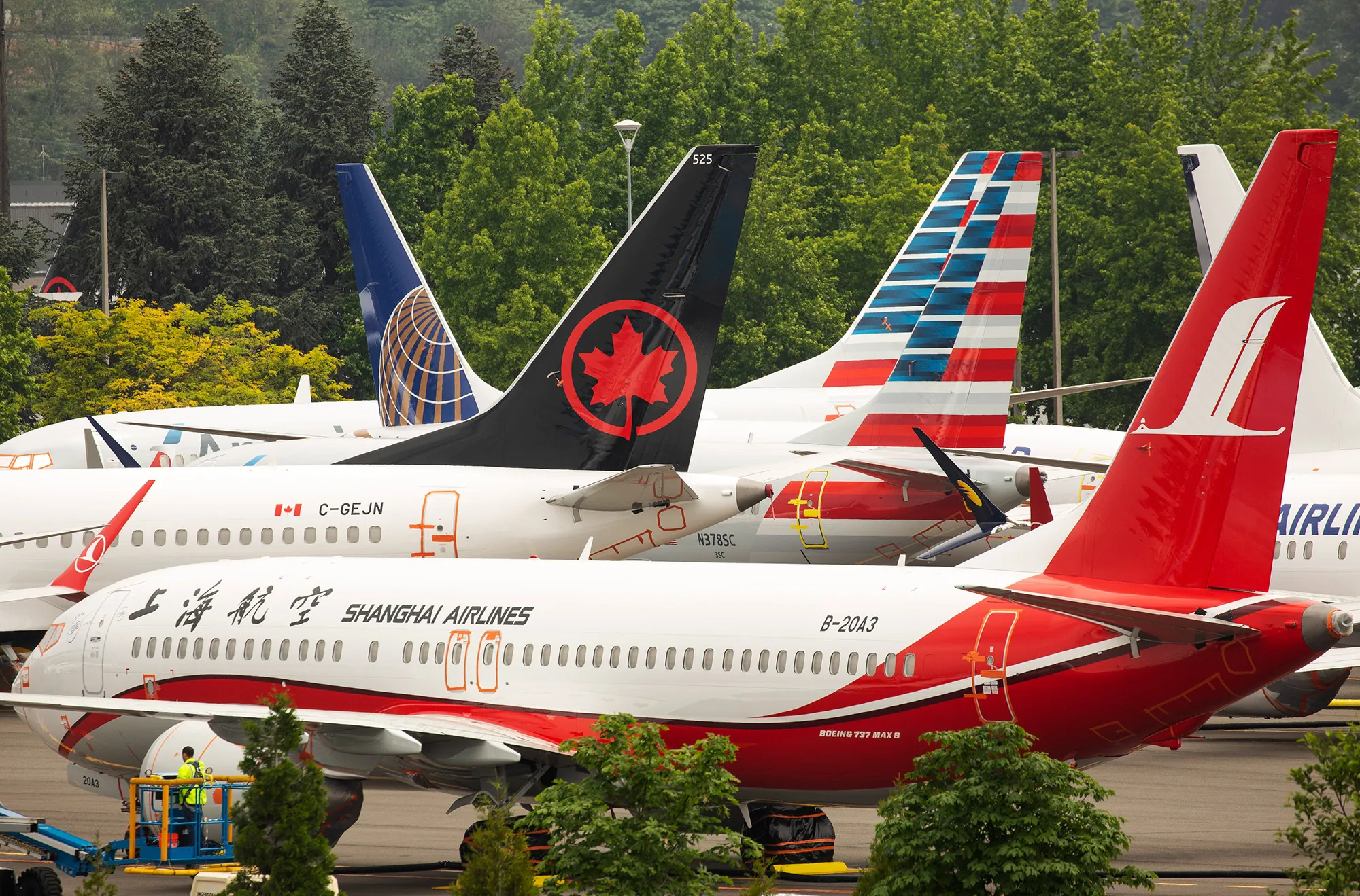 Boeing 737 MAX airplanes sit parked at a Boeing facility adjacent to King County International Airport, Seattle, on May 31.